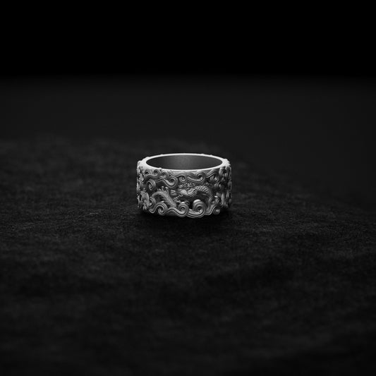 Silver Dragon in Clouds Band Ring - Asian Serpent Dragon Jewelry, Unique Nature-Inspired Ring for Men & Women