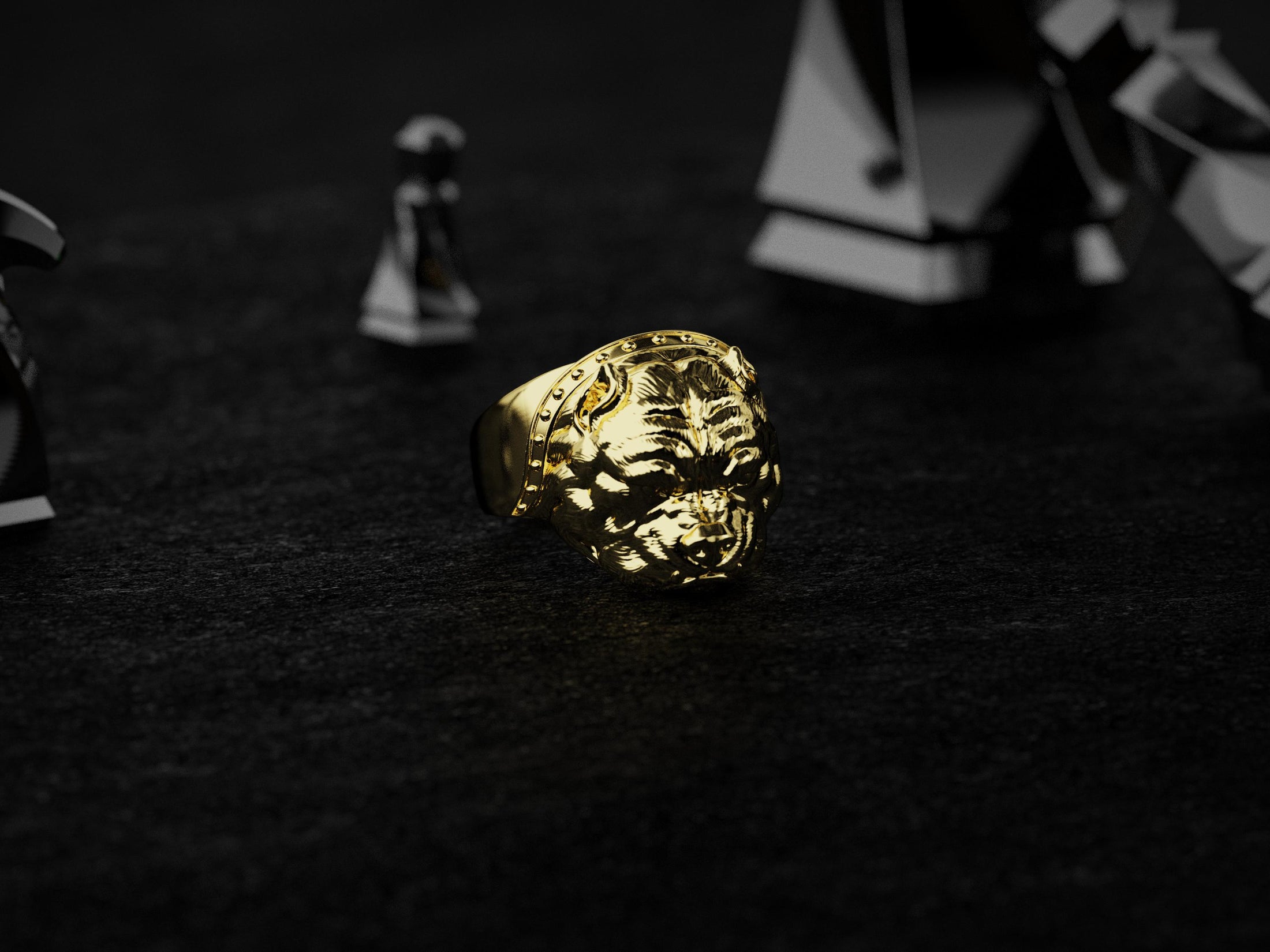 Gold-plated American Bulldog ring symbolizing strength & loyalty.
