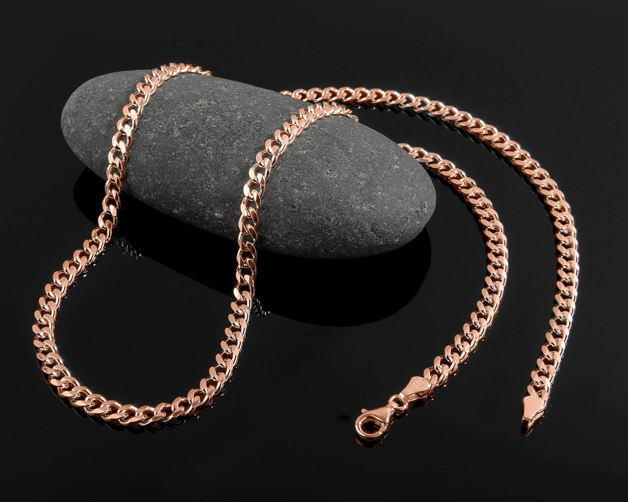 5.75mm gourmet curb chain, rose gold tone over 925 silver.