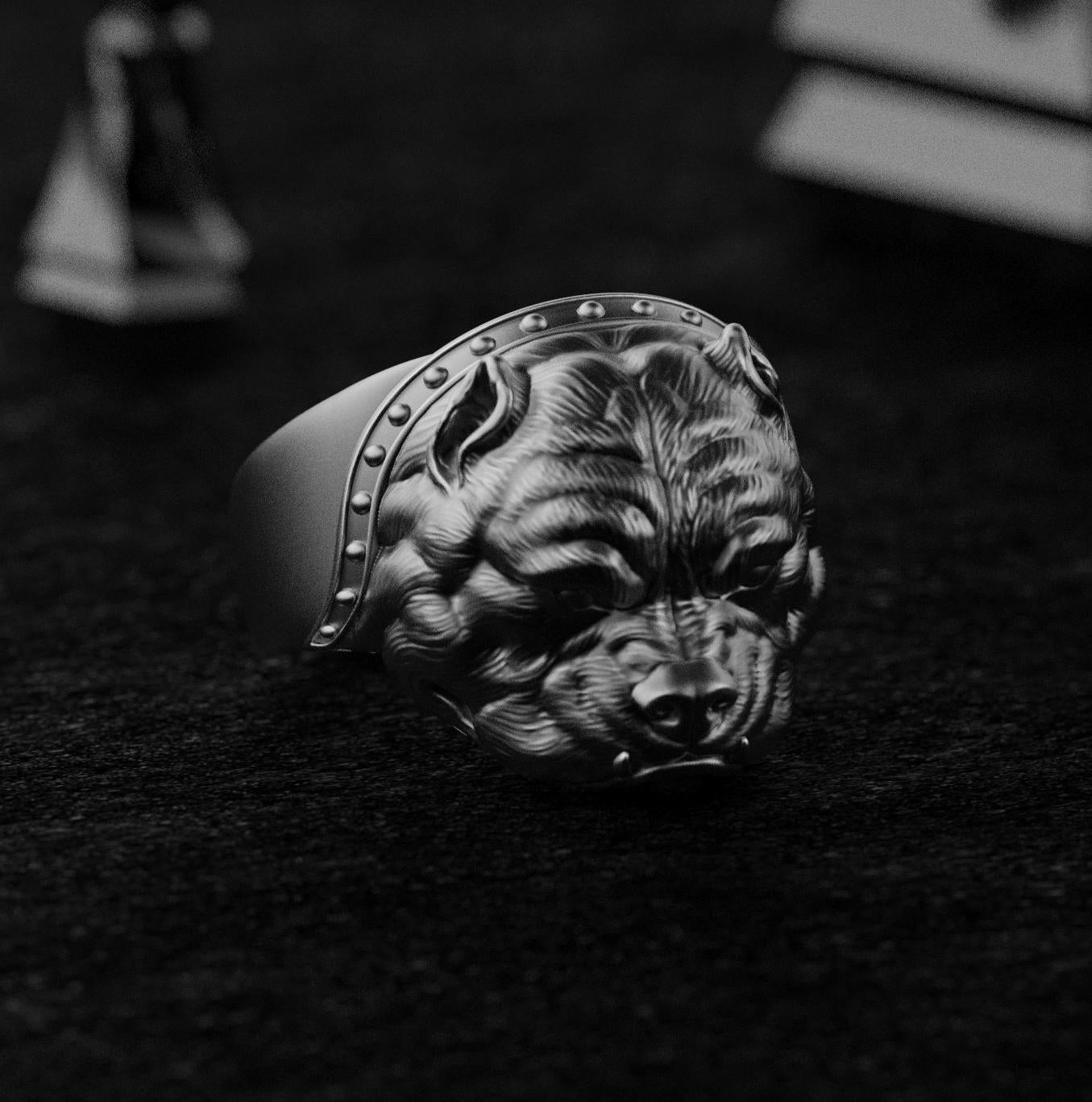 925 sterling silver American Bulldog ring with strong facial details.