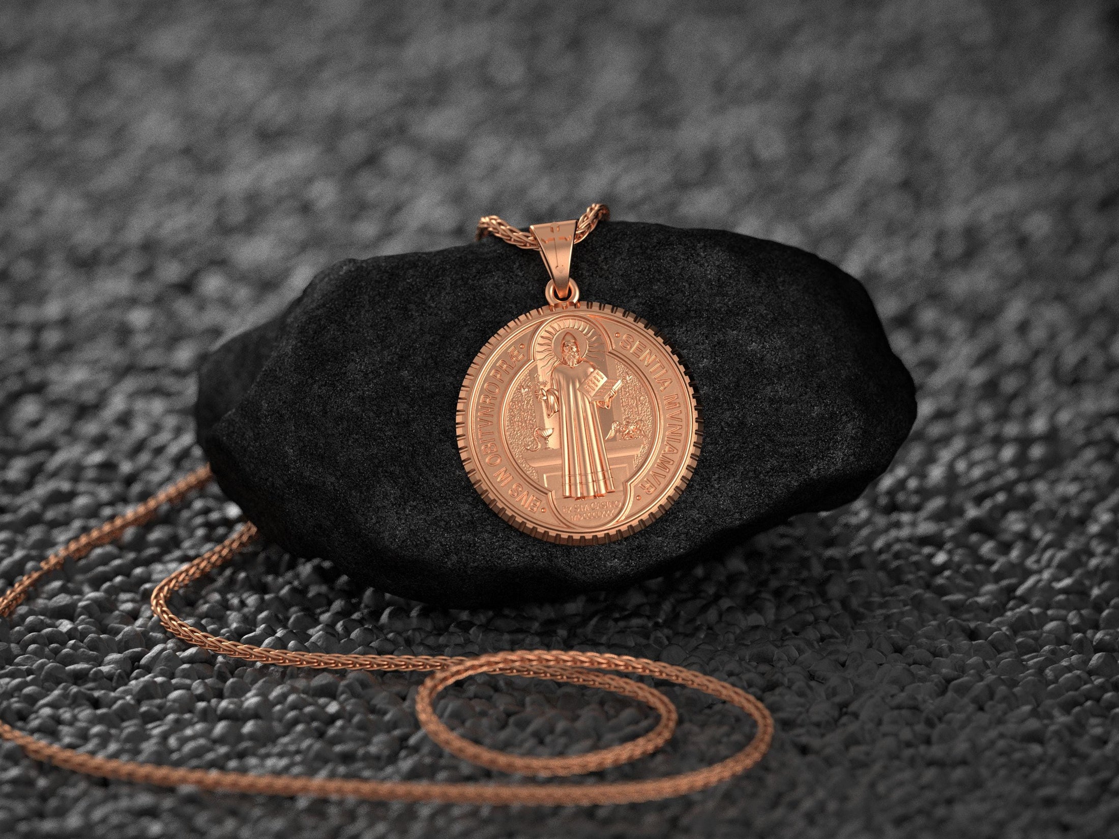 Rose gold-plated Benedict medal, elegant spiritual piece.
