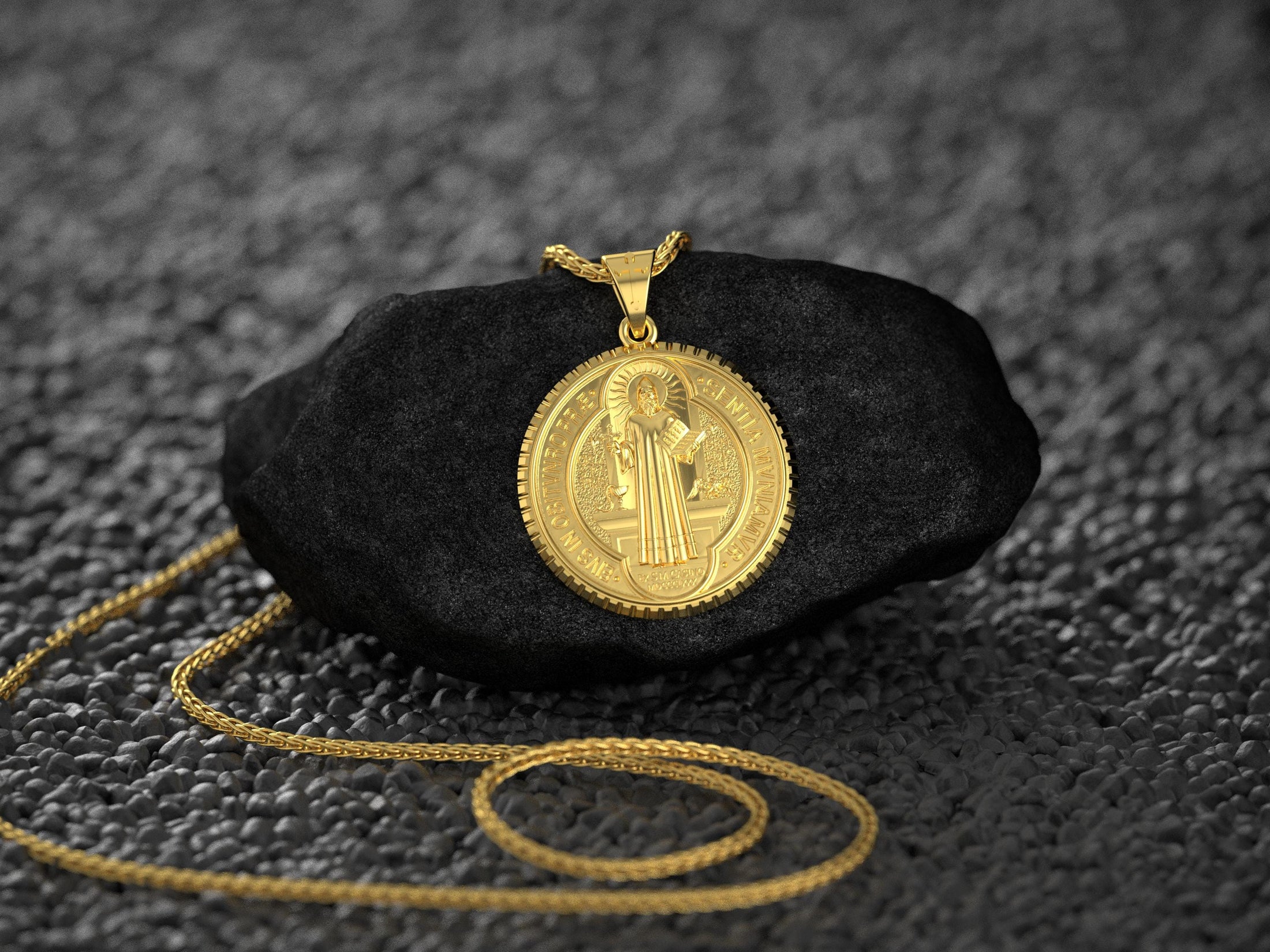 Gold-plated saint medal, traditional exorcism symbol.