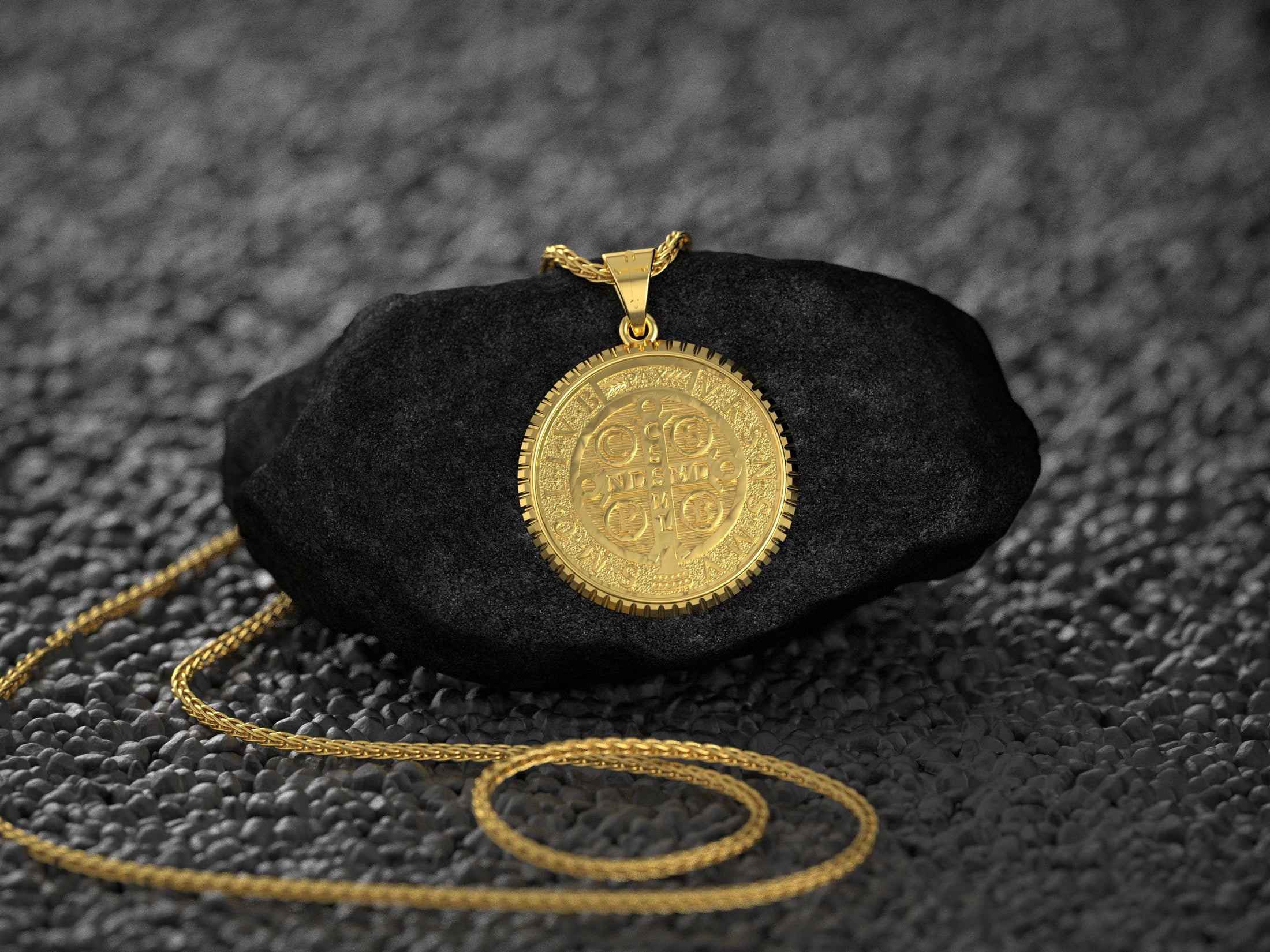 Gold-plated saint medal, traditional exorcism symbol.