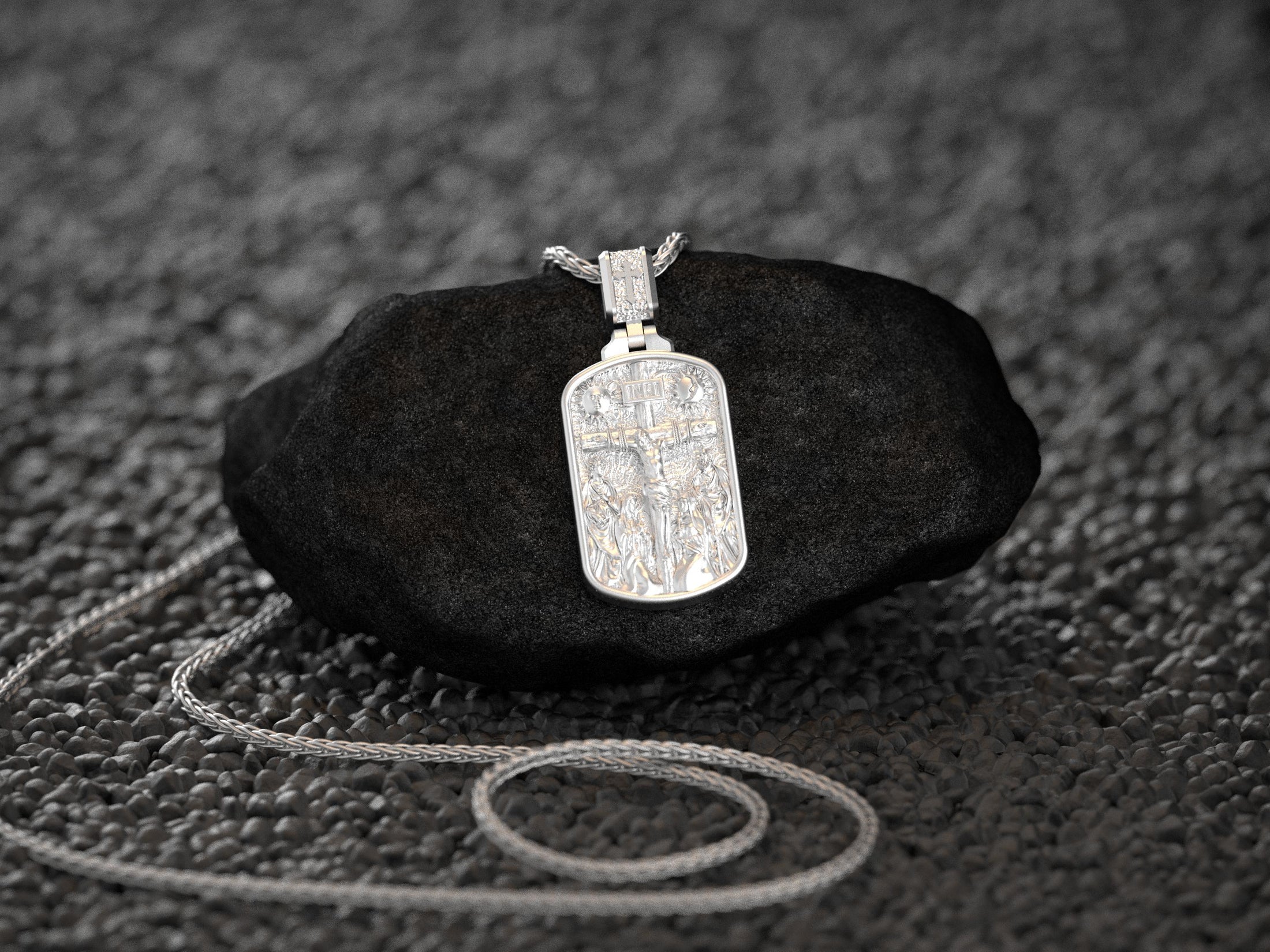 Rhodium-plated INRI cross charm, sleek spiritual jewelry.