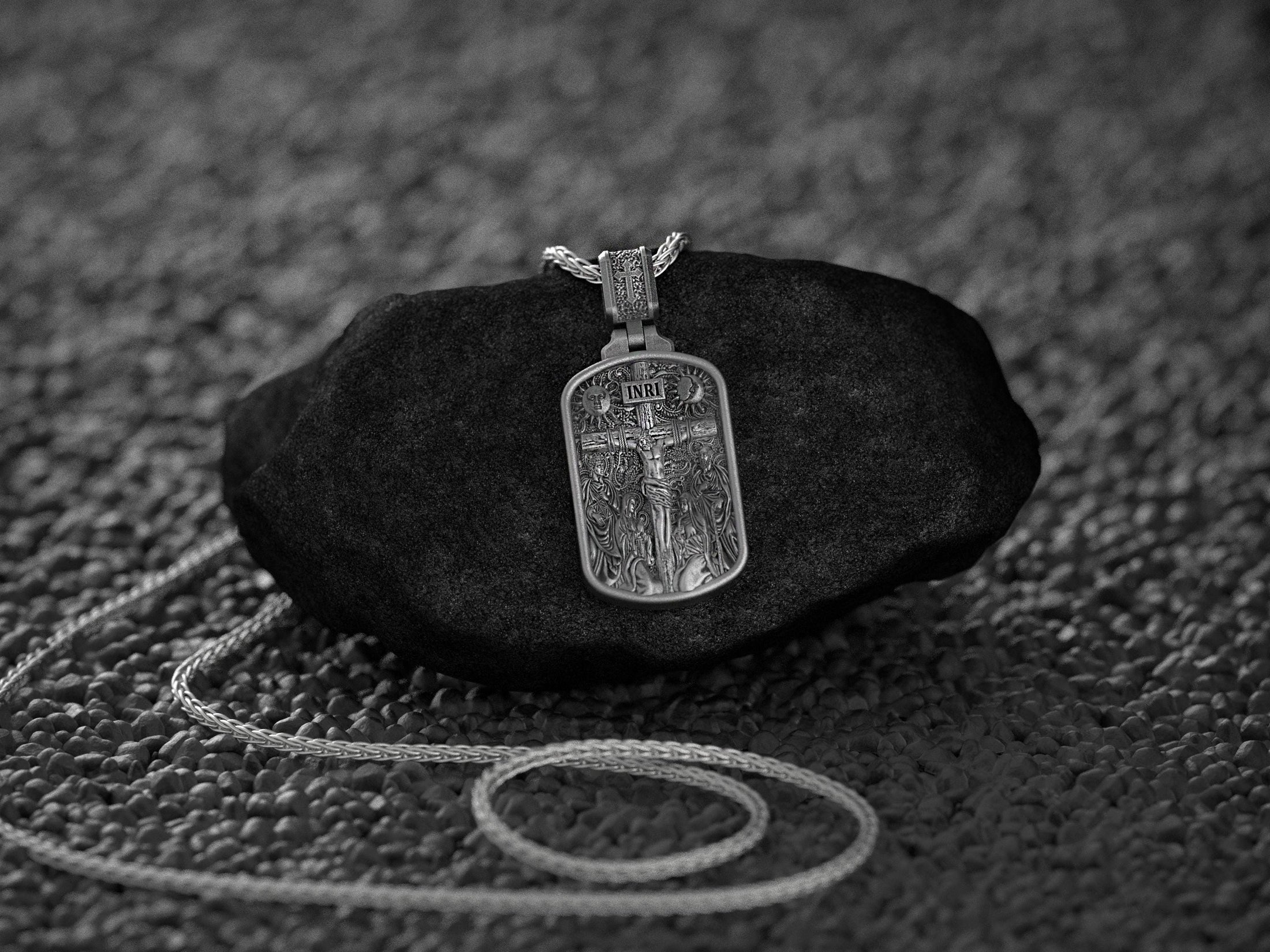 Christian INRI crucifix necklace, faith and devotion piece.