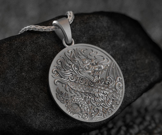 925 sterling silver Chinese dragon medallion pendant, detailed design.