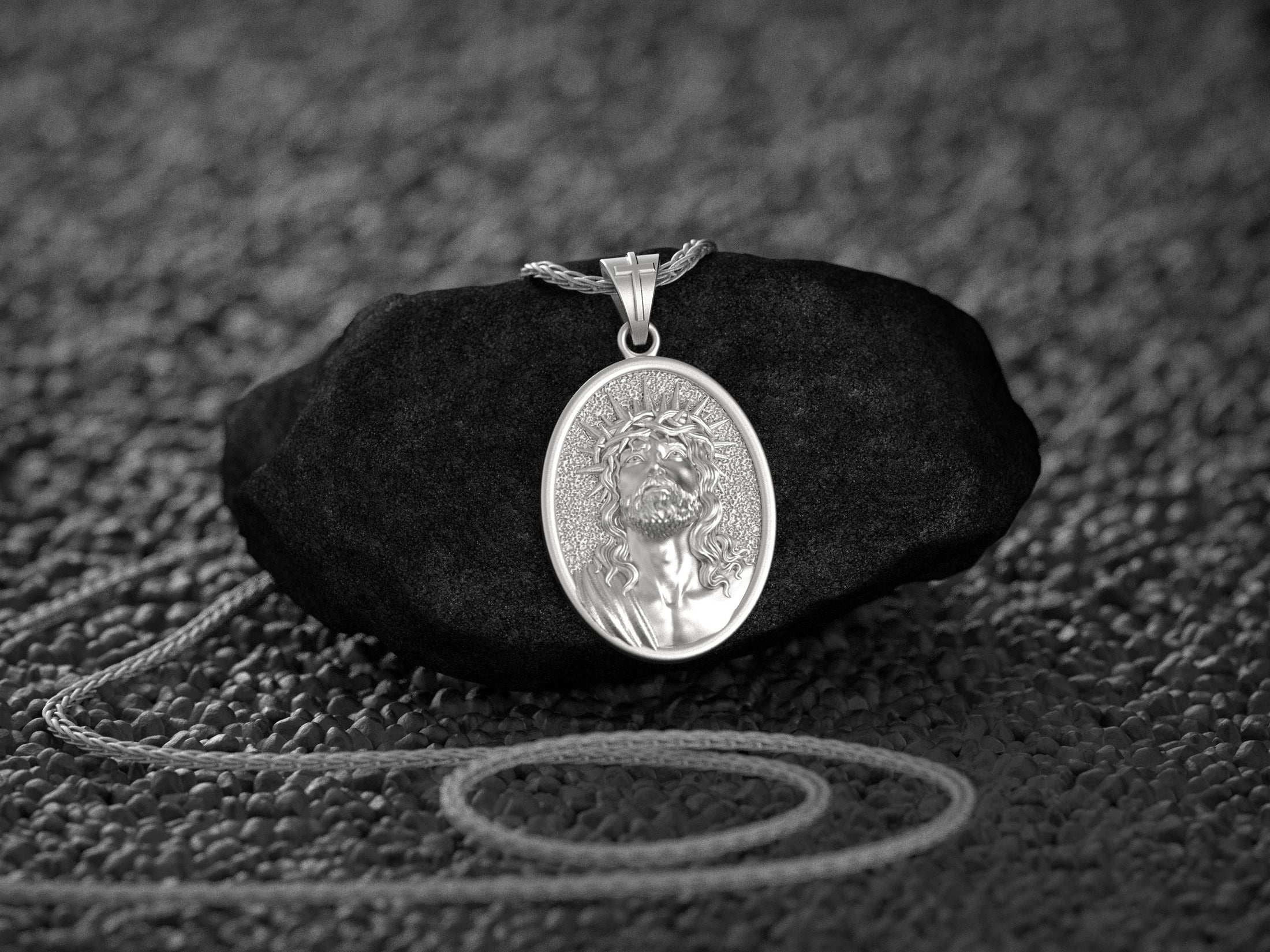 Rhodium plated Jesus Christ religious pendant with Crown of Thorns