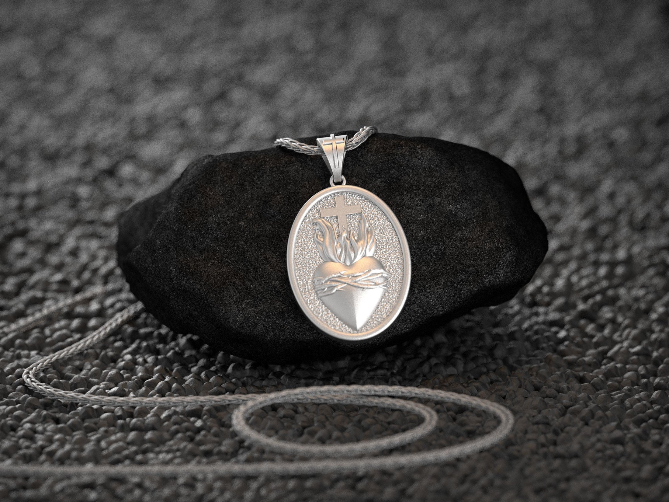 Rhodium plated Sacred Heart of Jesus religious pendant with chain