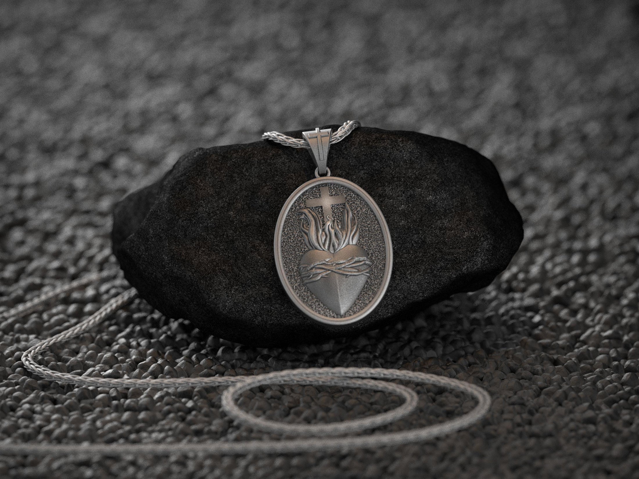 Detailed religious medal featuring flaming Sacred Heart and cross