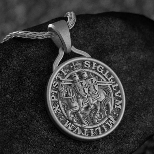 Close-up of 925 sterling silver Knights Templar Sigillum Militum Xpisti pendant