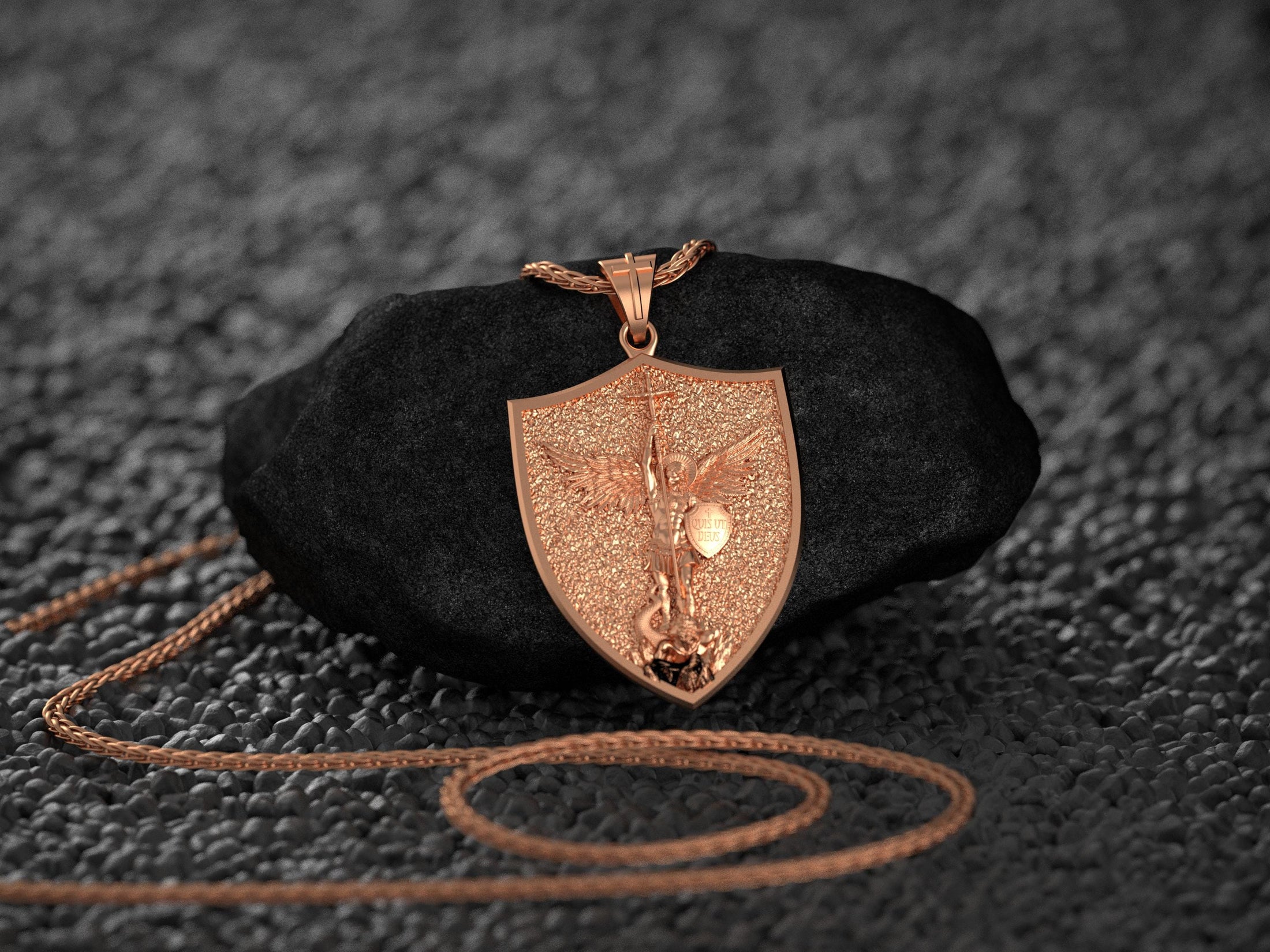 Rose gold plated Saint Michael Archangel sterling silver shield pendant