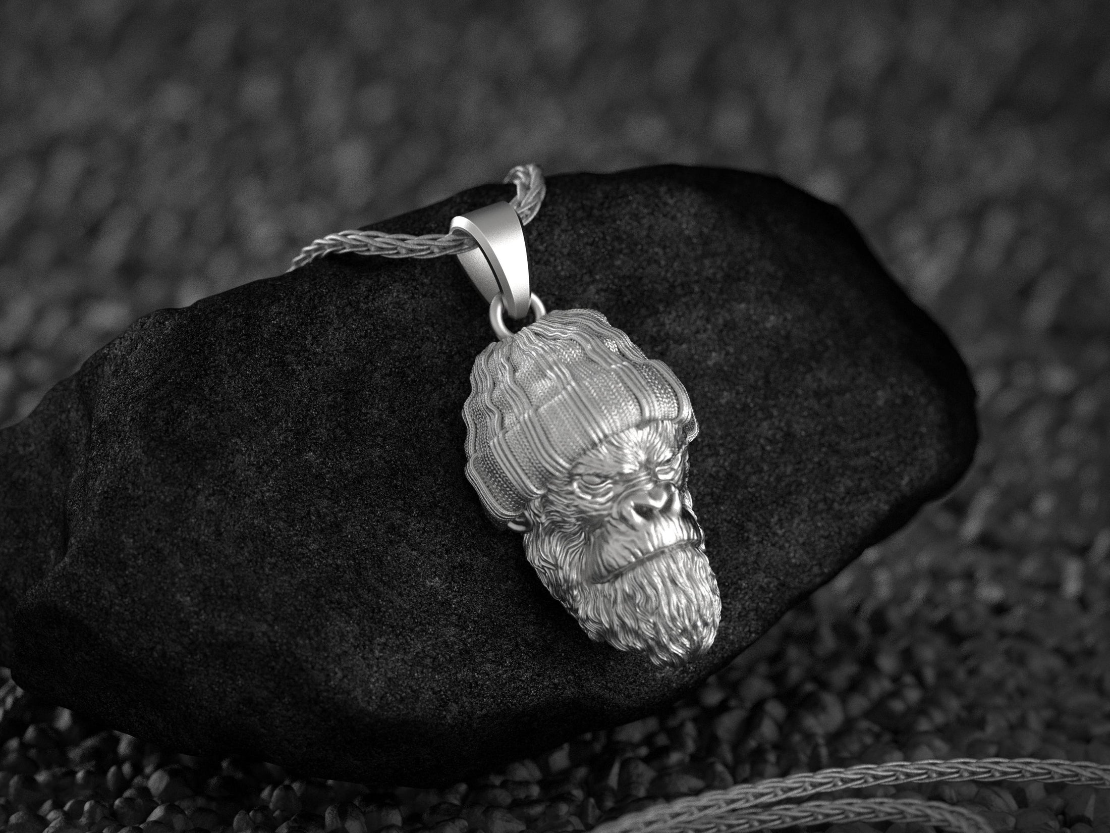 Rhodium plated beanie gorilla pendant necklace with silver chain