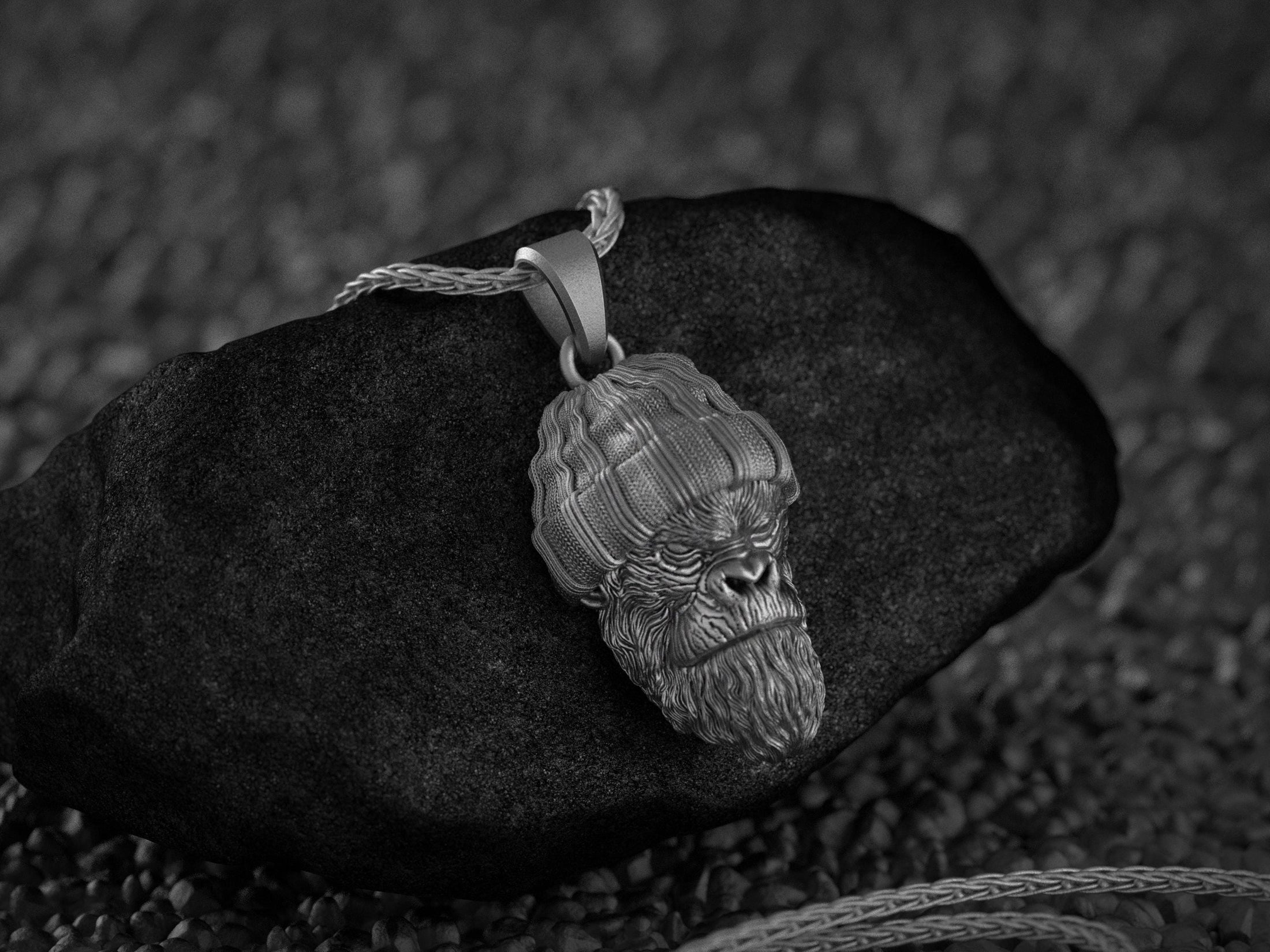 Detailed gorilla head jewelry with textured beanie in sterling silver