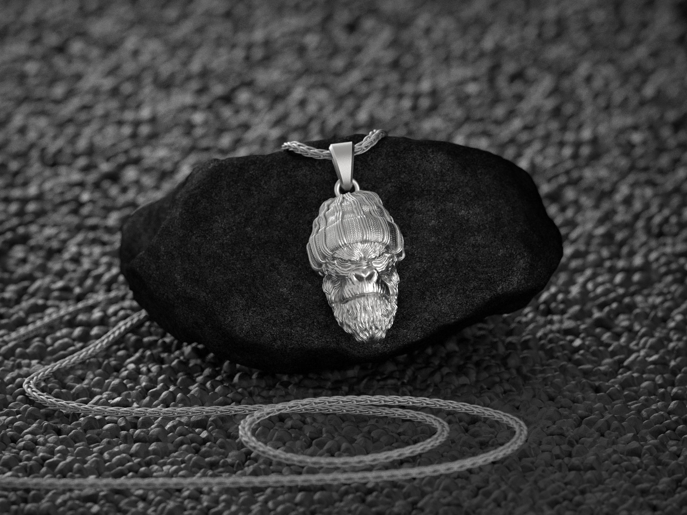 Rhodium plated beanie gorilla pendant necklace with silver chain