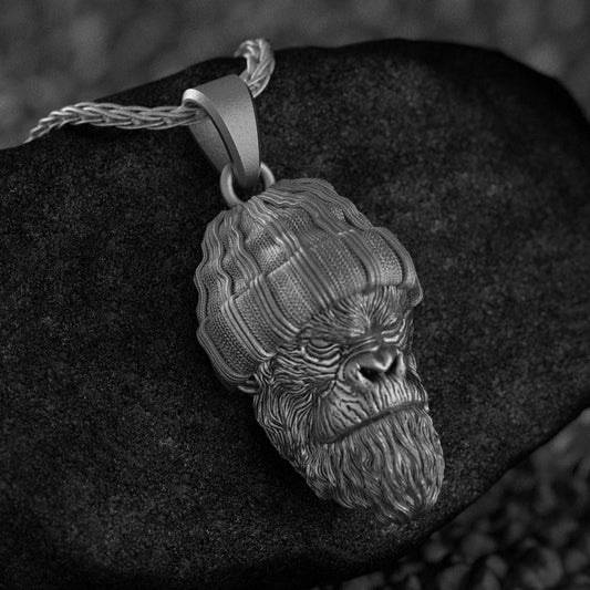 Close-up of 925 sterling silver beanie gorilla head pendant necklace