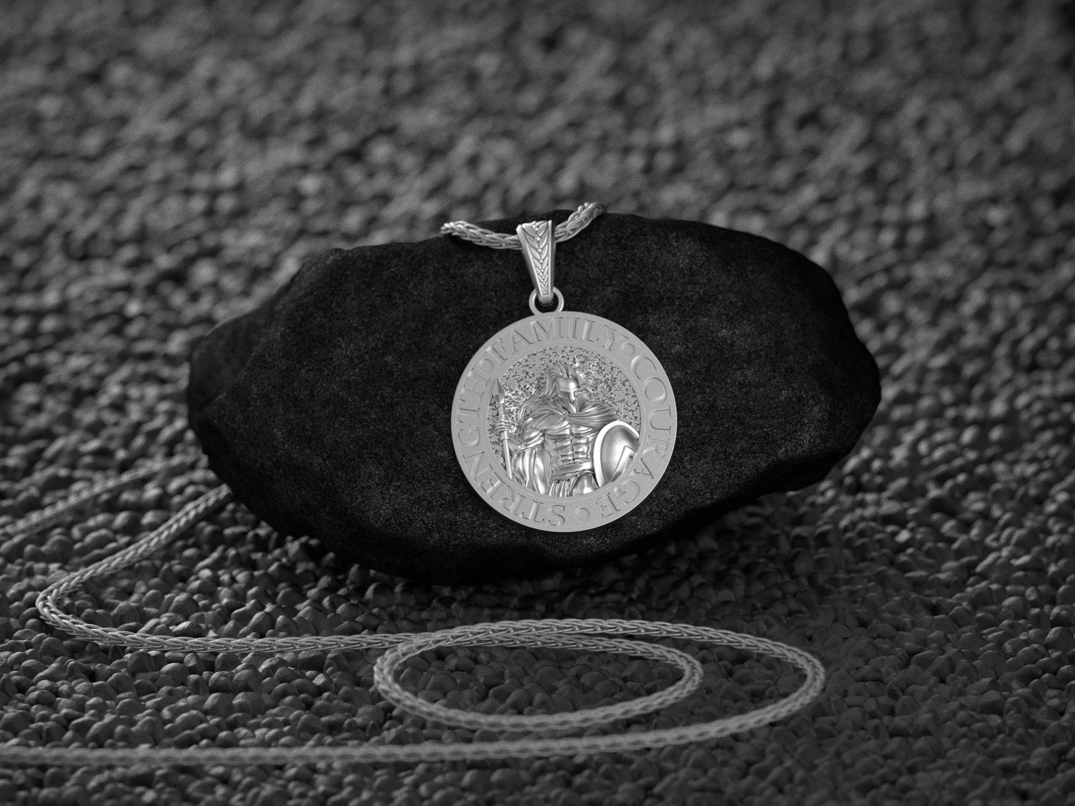 Close-up of 925 sterling silver personalized Spartan warrior pendant necklace