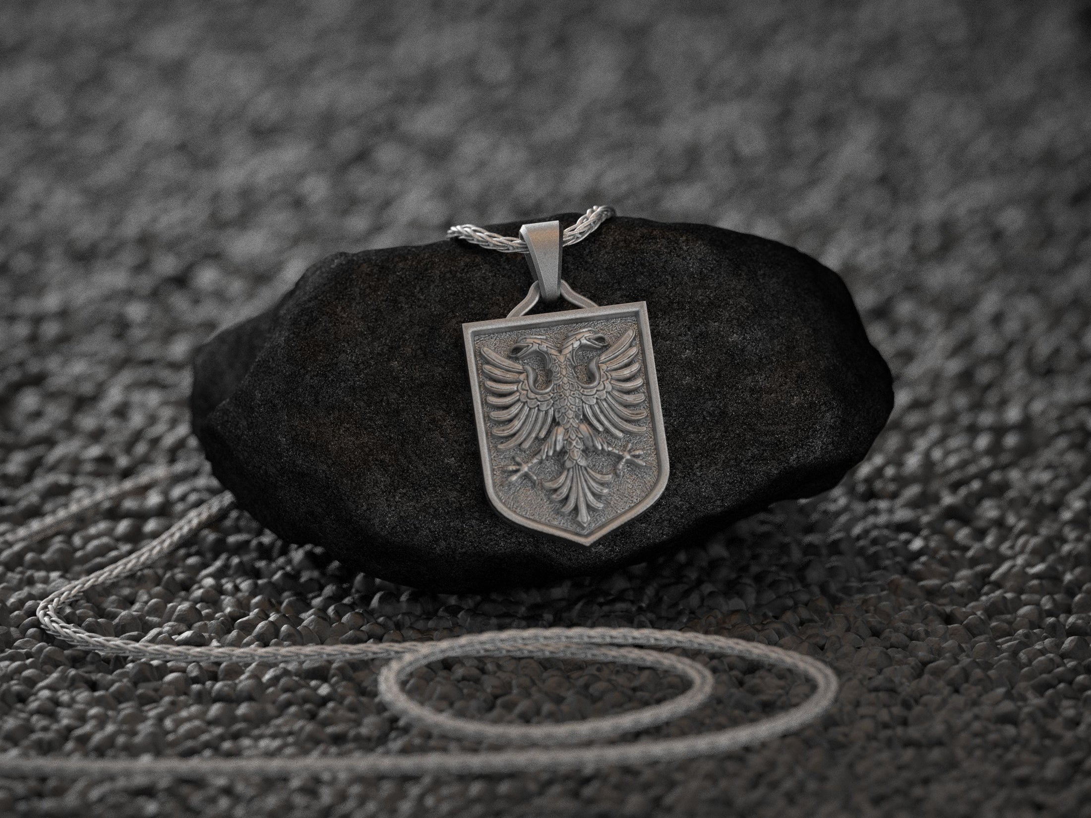 Front view of oxidized Arnavut eagle pendant for patriotic jewelry lovers,