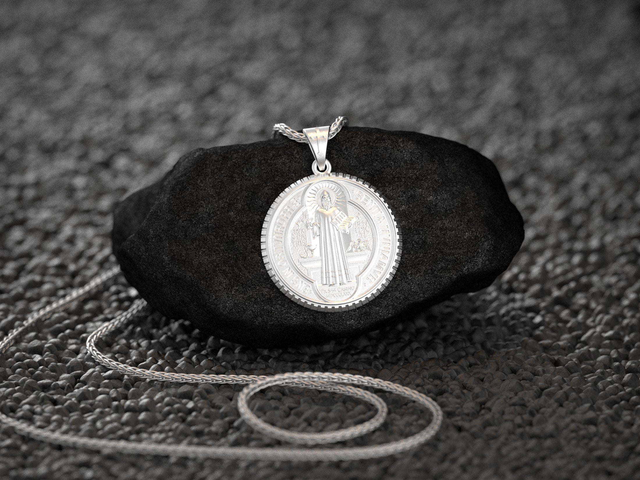 Rhodium-plated St. Benedict charm, polished and powerful.