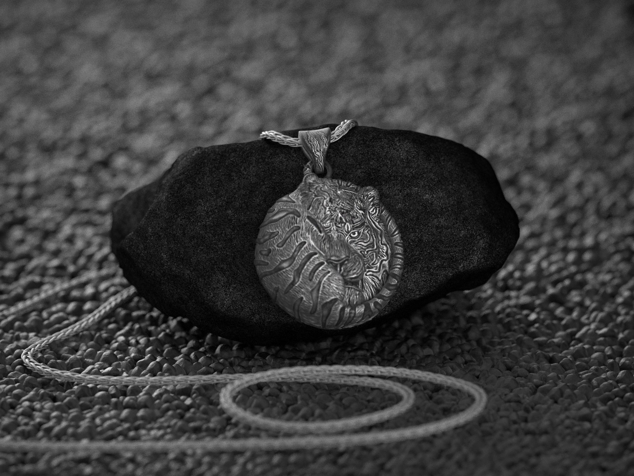 Sleeping tiger curled pendant in silver,