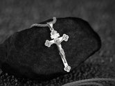 Rhodium plated Jesus cross with rose detailing,