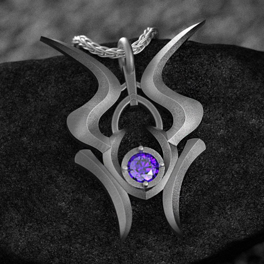 925 sterling silver Shadowheart necklace with amethyst center.