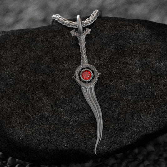 925 sterling silver Orin&#39;s Bloodthirst Dagger Charm with synthetic ruby.