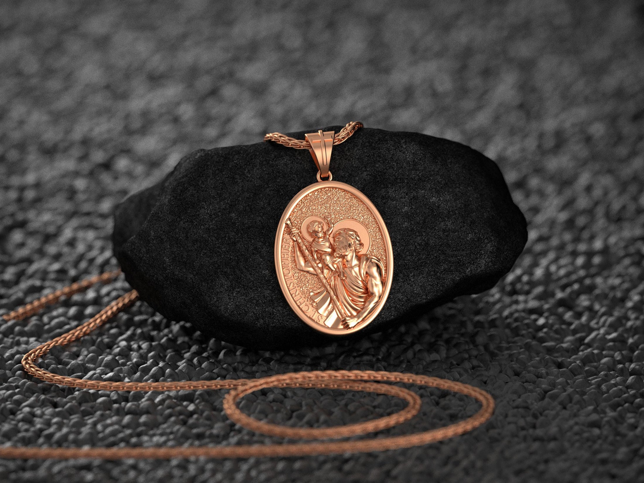 Rose gold St. Christopher pendant, warm tone, religious jewelry.
