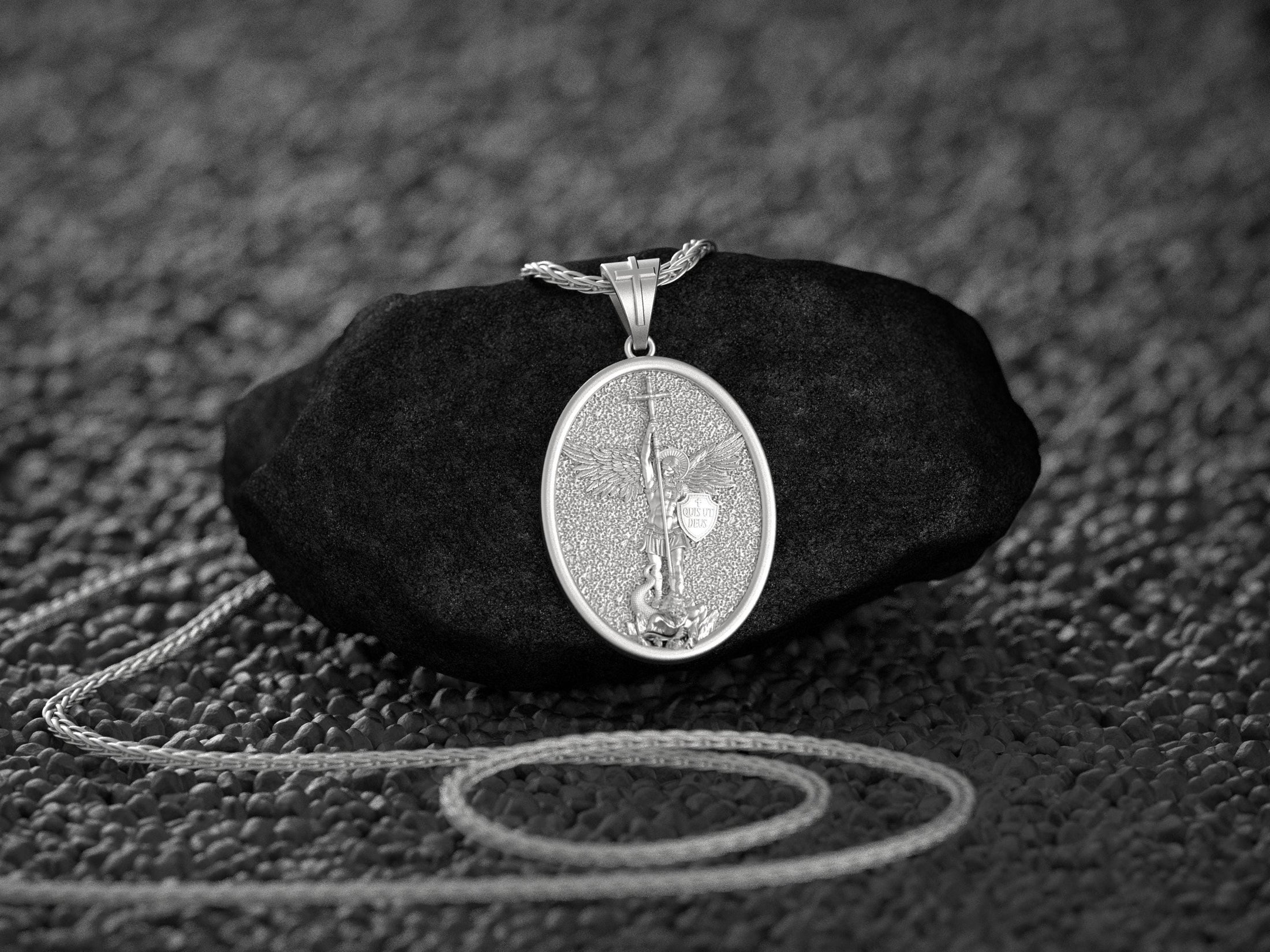 Rhodium plated Saint Michael religious pendant necklace with chain