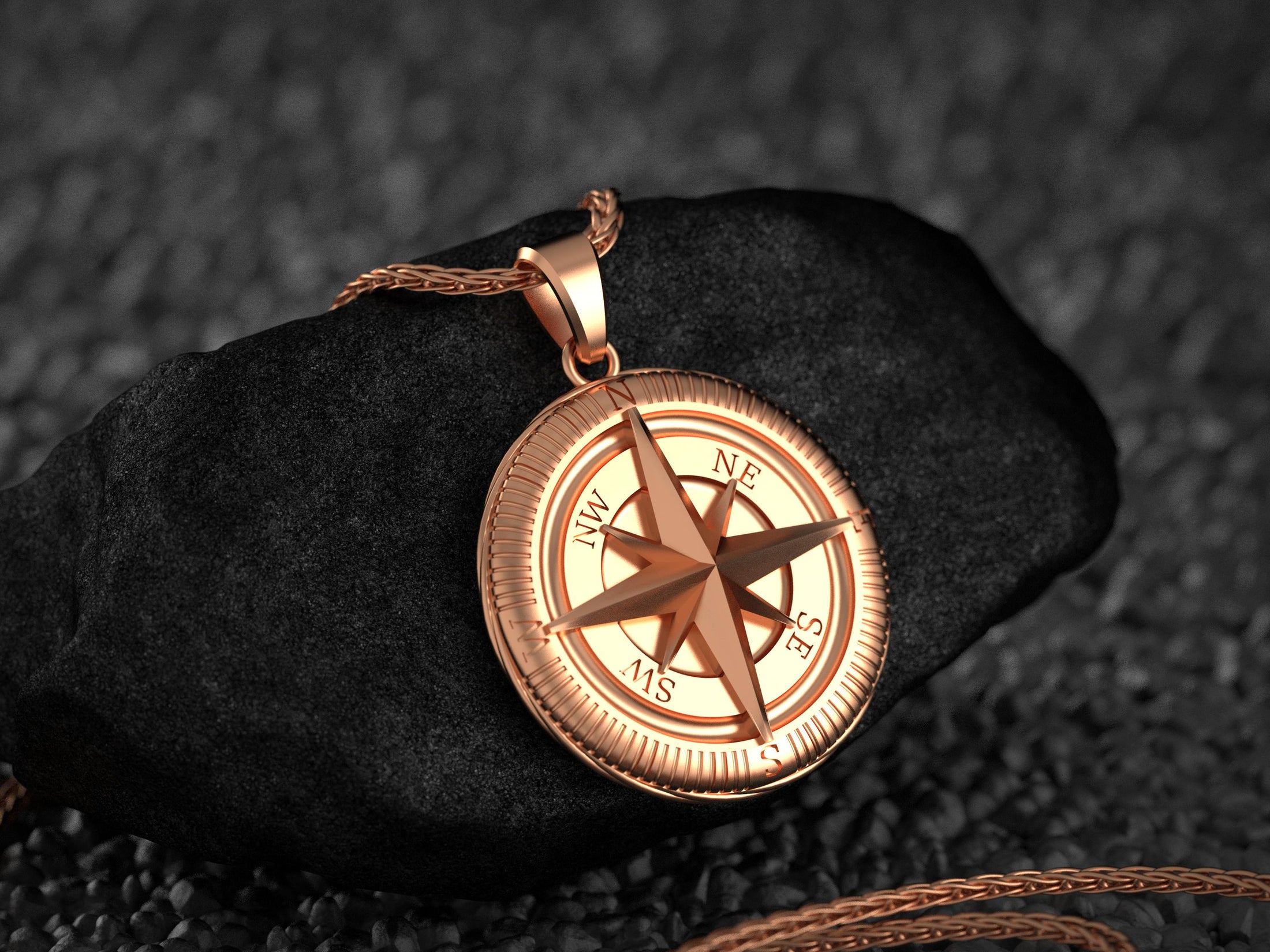 Rose gold plated engraved compass pendant sterling silver necklace