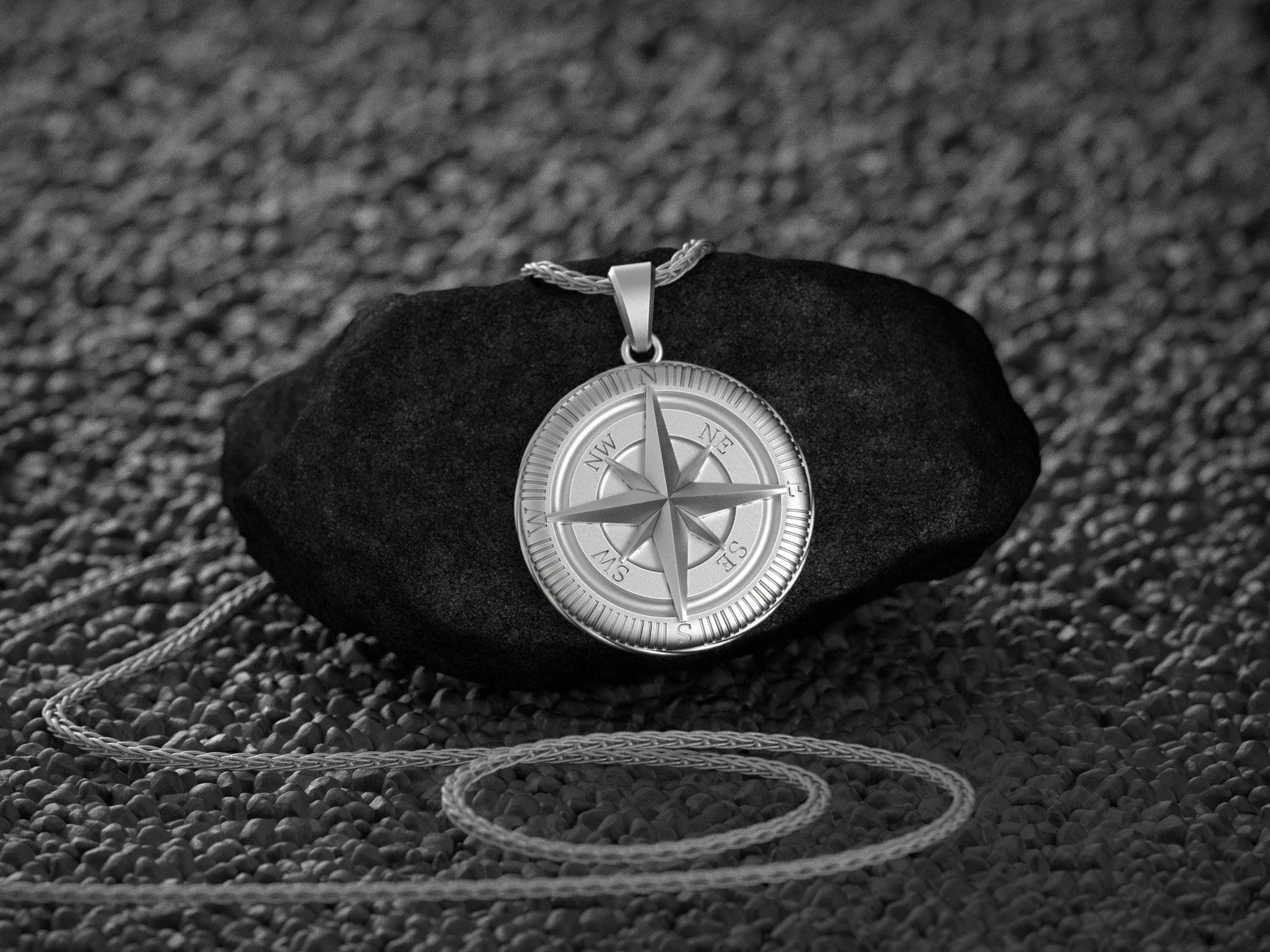 Rhodium plated personalized compass pendant necklace with chain