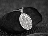 Polished 925 silver Sacred Heart Joseph and Jesus religious medal necklace,