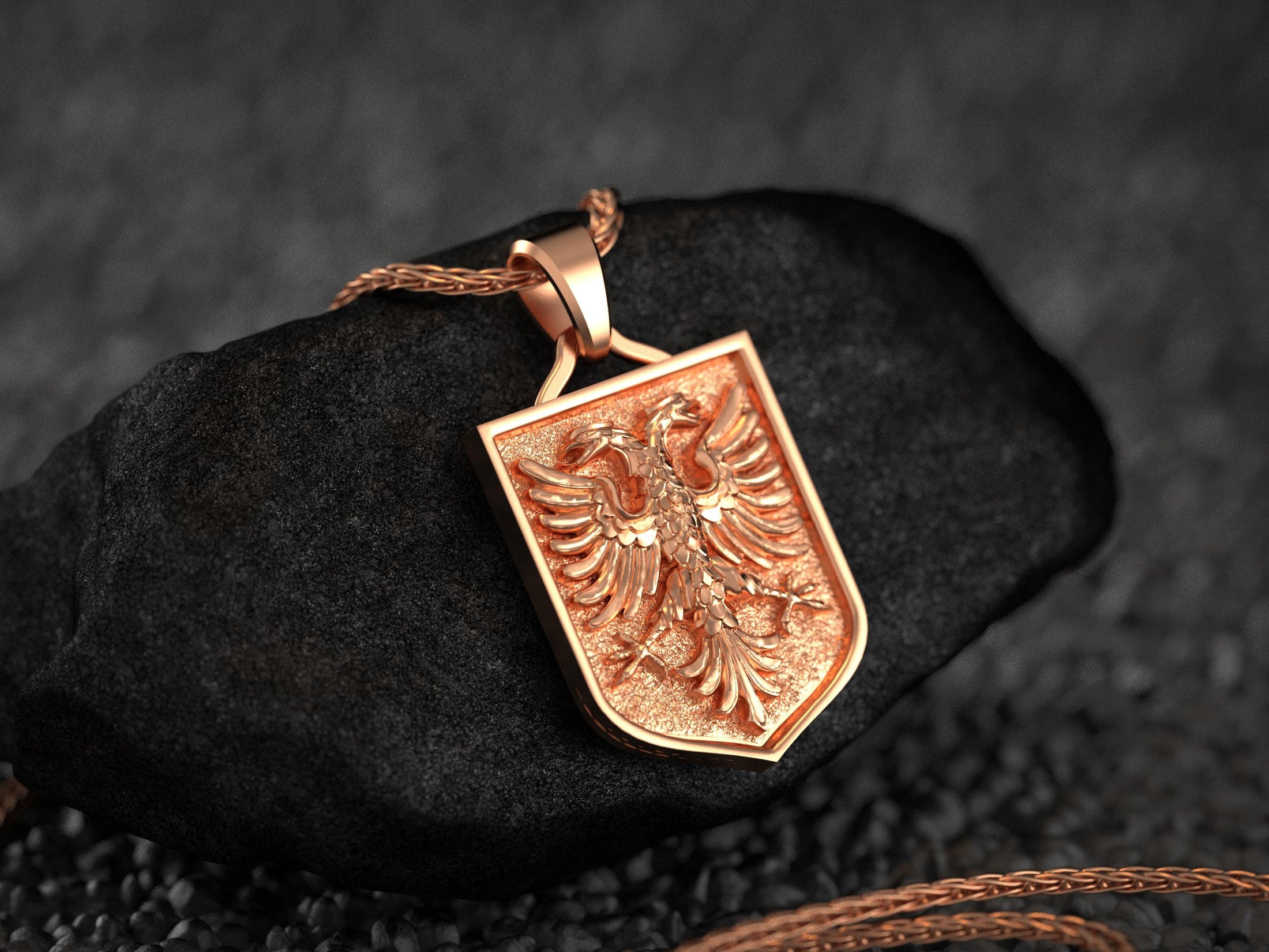 Rose gold Albania eagle necklace with bold crest symbolism,