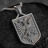 Oxidized silver Albanian eagle pendant with detailed double-headed design,
