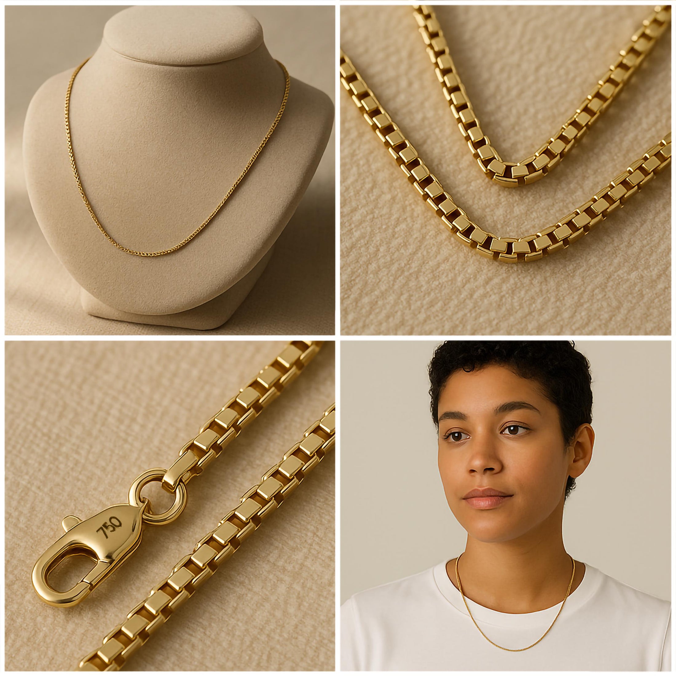 14K Yellow Gold Box Chain Necklace – 1.25mm Dainty Square Link Gold Chain for Women Men – Solid Gold Chain 16"–26"