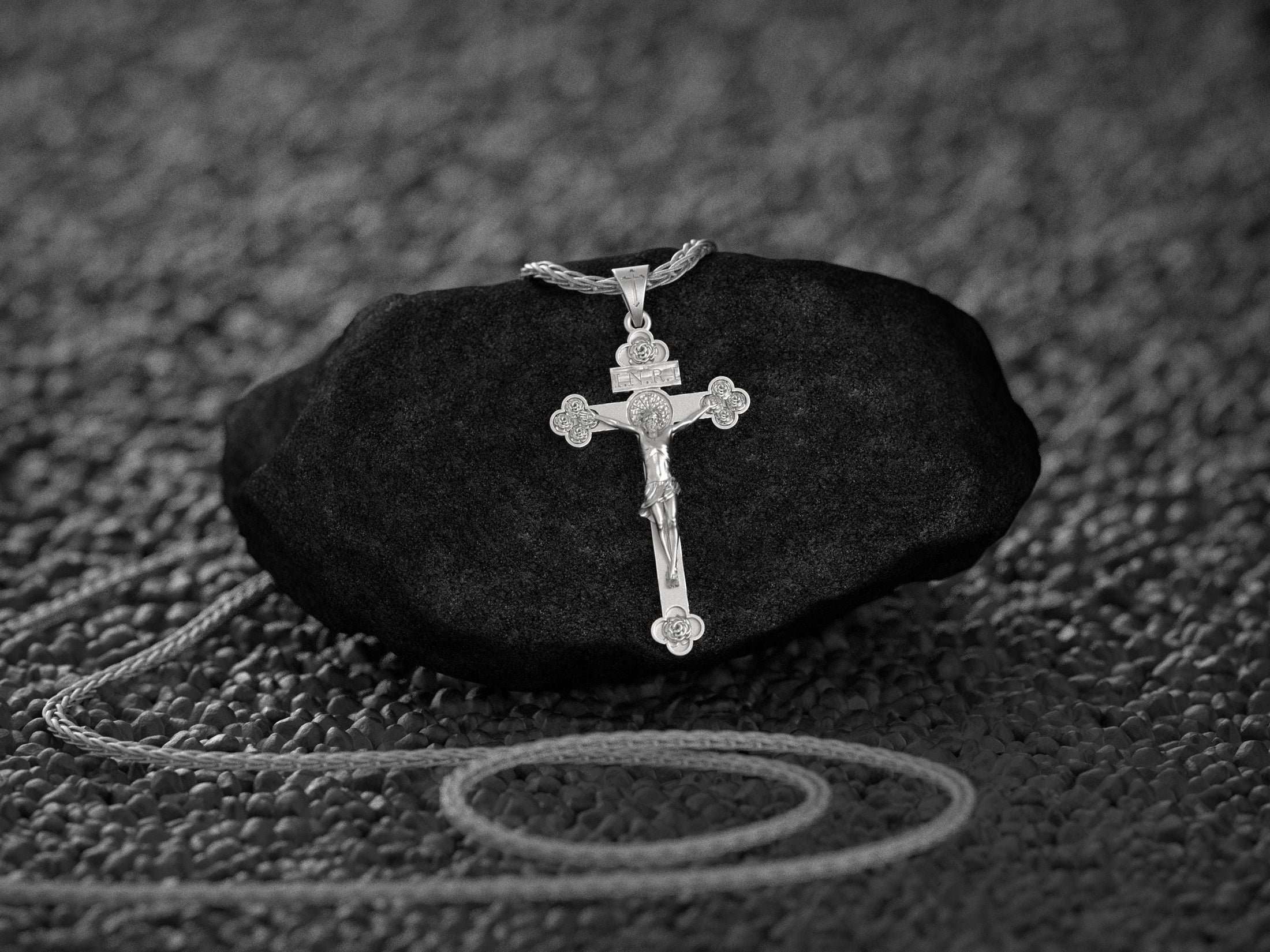Rhodium plated Jesus cross with rose detailing,