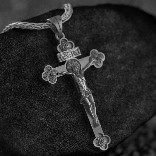 Silver crucifix necklace with Jesus figure and INRI,