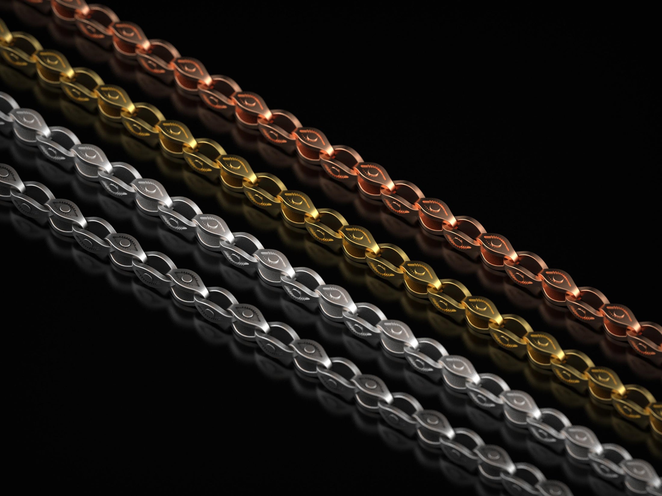 Comparison of all finishes: oxidized, silver, gold, and rose gold chains displayed in rows