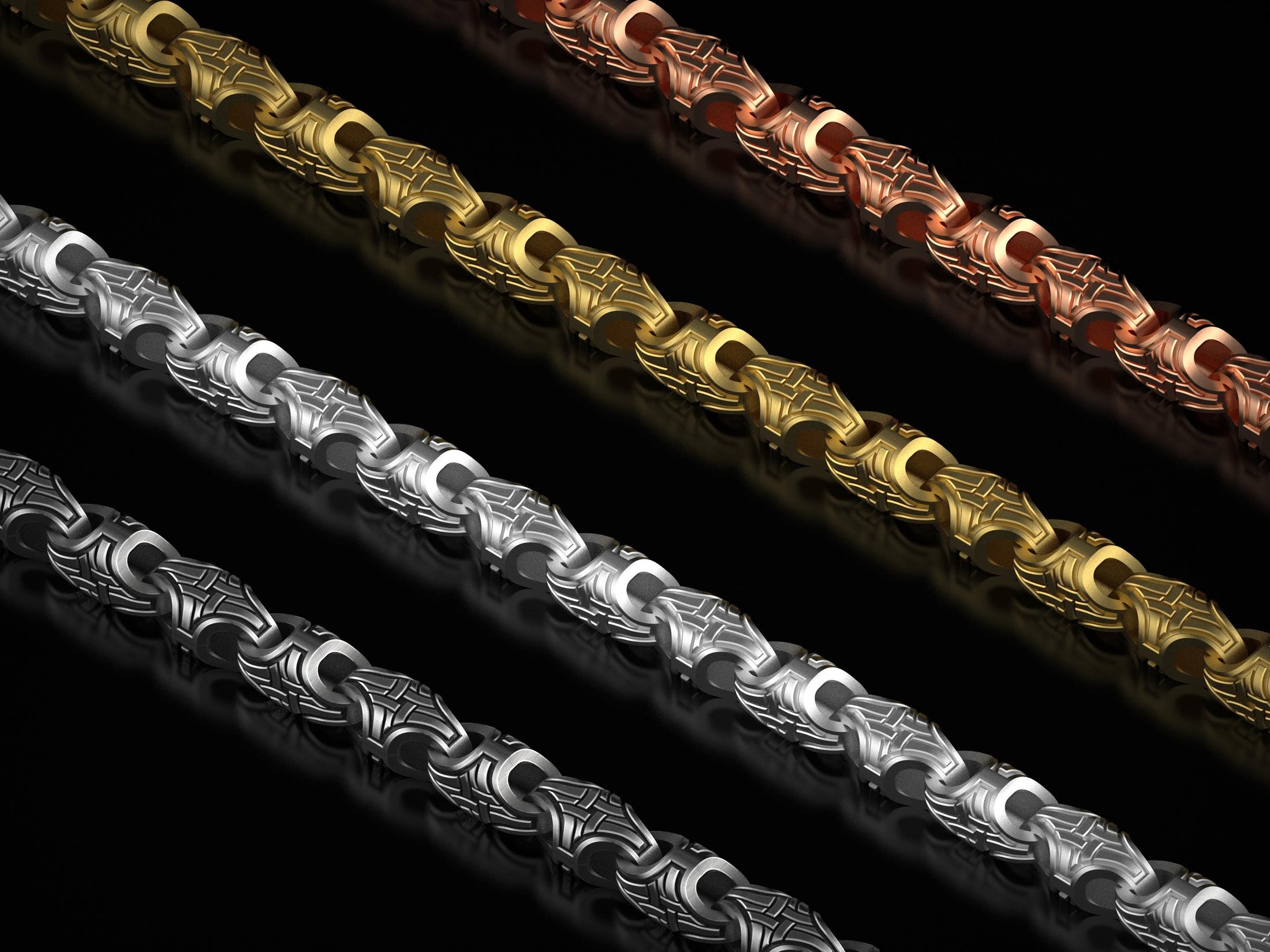 Full set of Viking chains in oxidized, polished, gold, and rose gold finishes