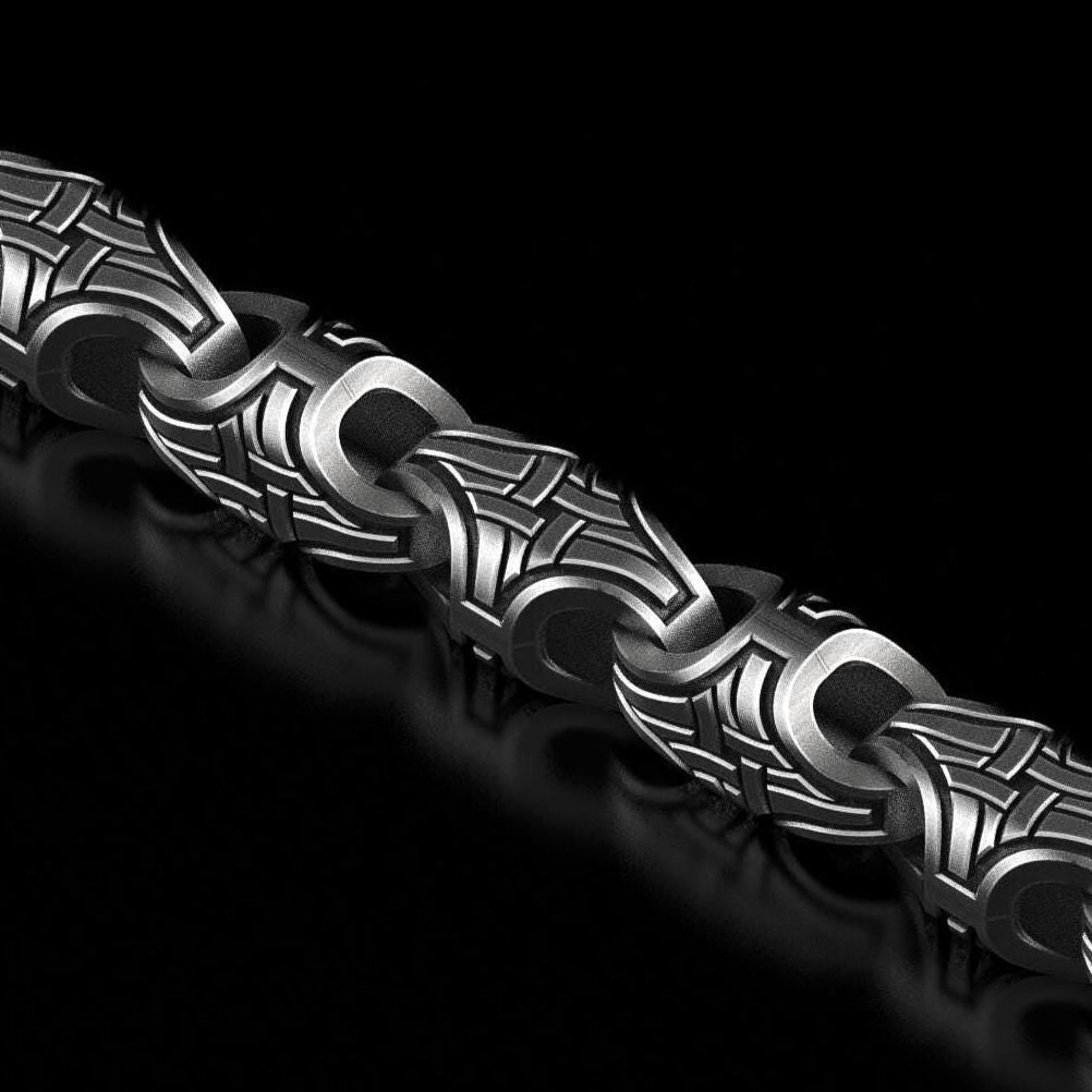Oxidized Viking knot chain with engraved Norse pattern links