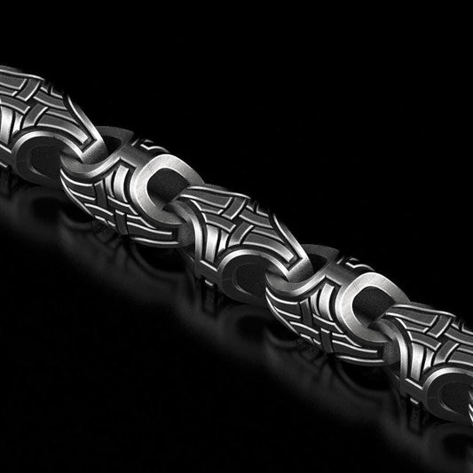 Oxidized Viking knot chain with engraved Norse pattern links