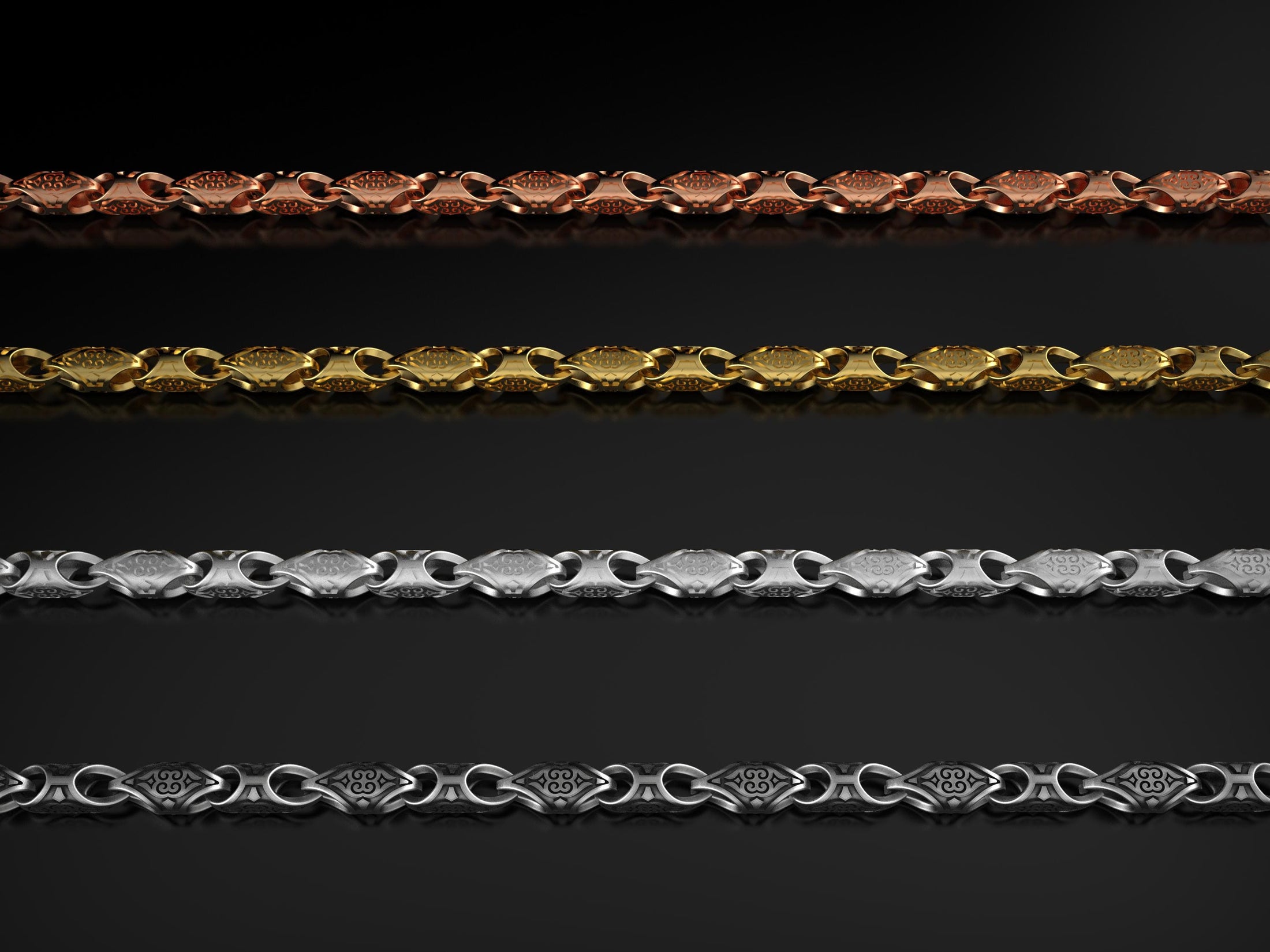 Multi-finish lineup of scroll chains in silver, gold, and rose gold