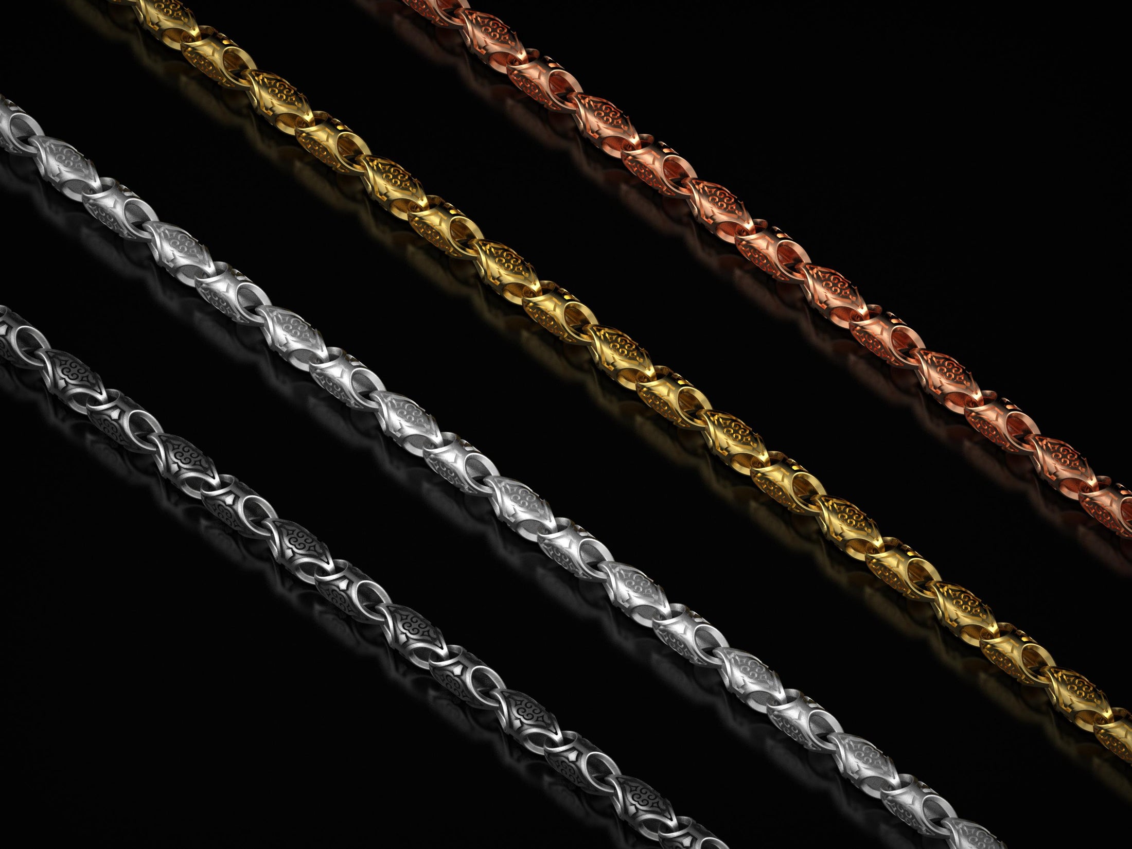 Multi-finish lineup of scroll chains in silver, gold, and rose gold