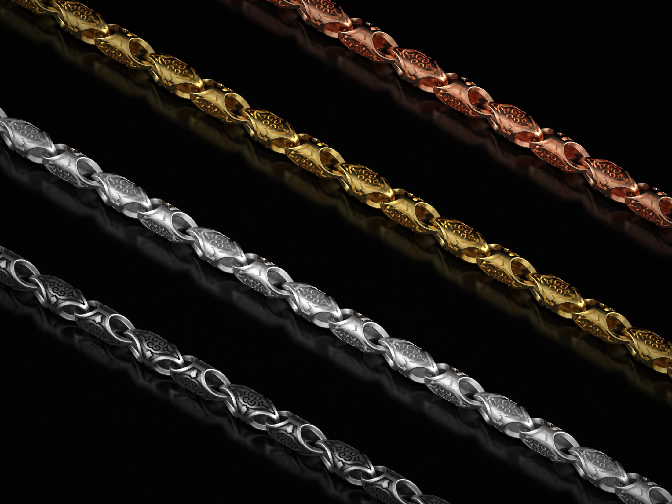 Multi-finish lineup of scroll chains in silver, gold, and rose gold