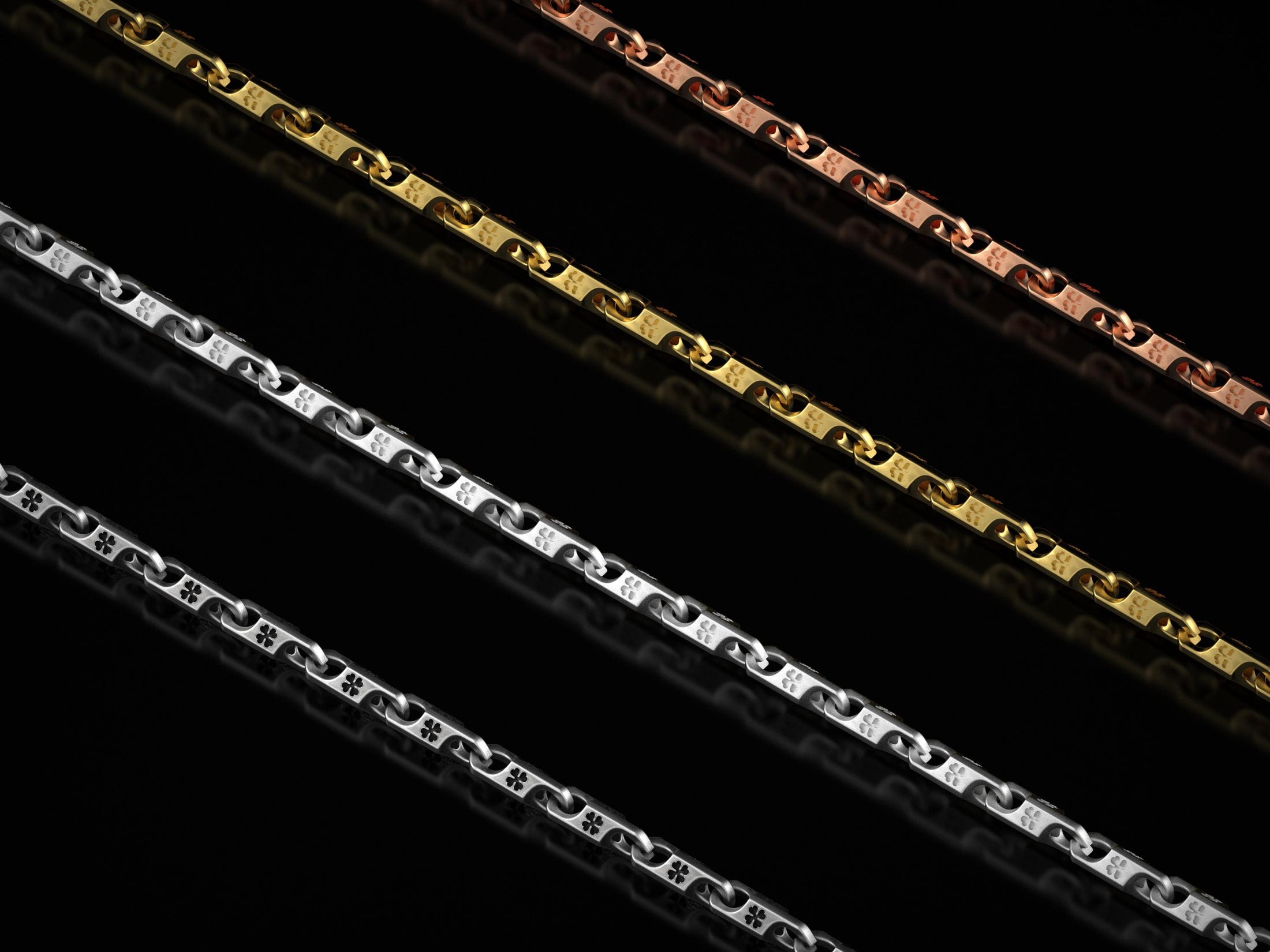 All finish options of clover chain – silver, gold, rose, oxidized