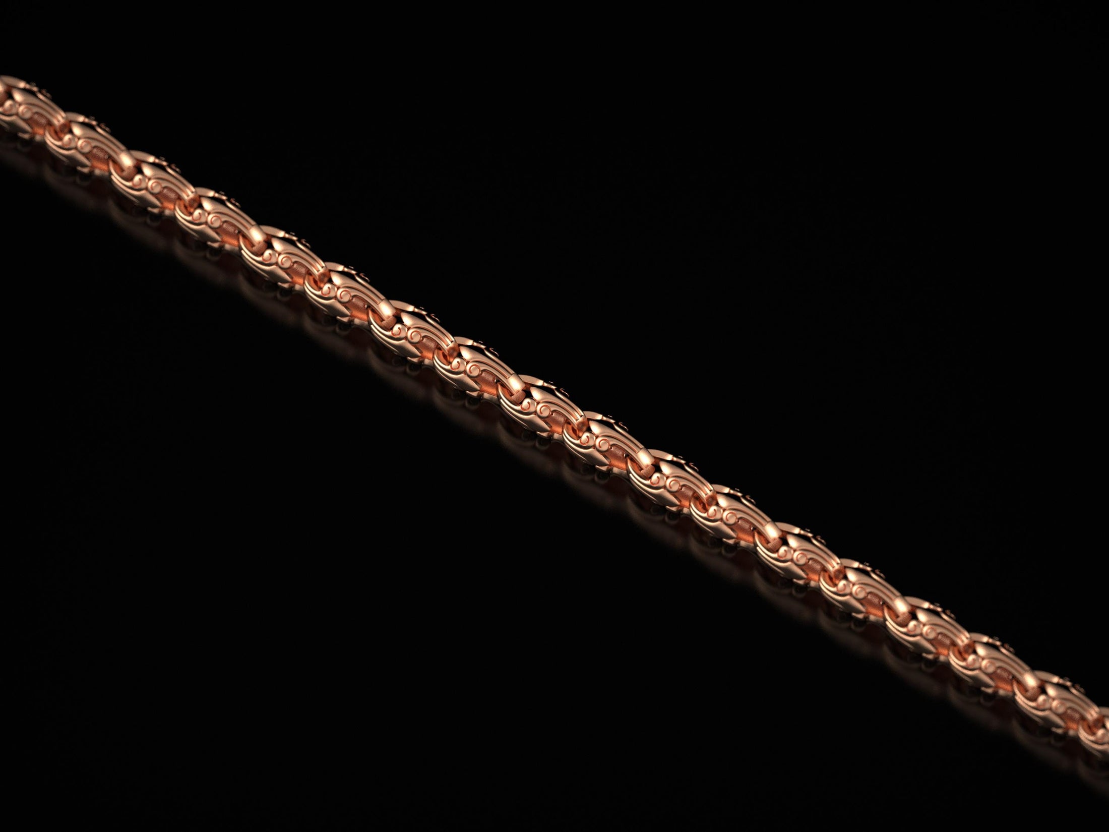 Rose gold plated 925 silver link chain with tribal pattern,