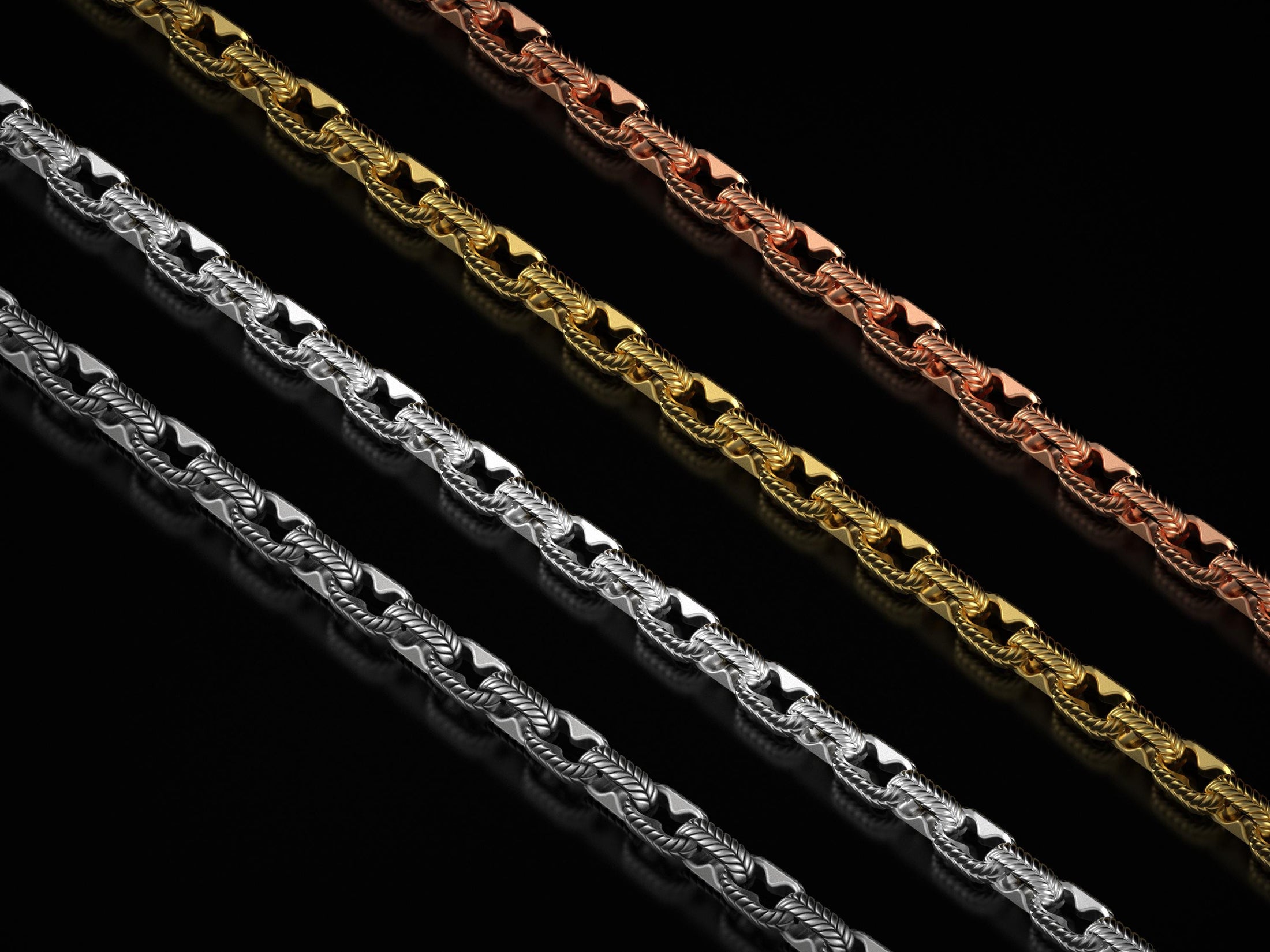 All four finish variations of the rope twist chain