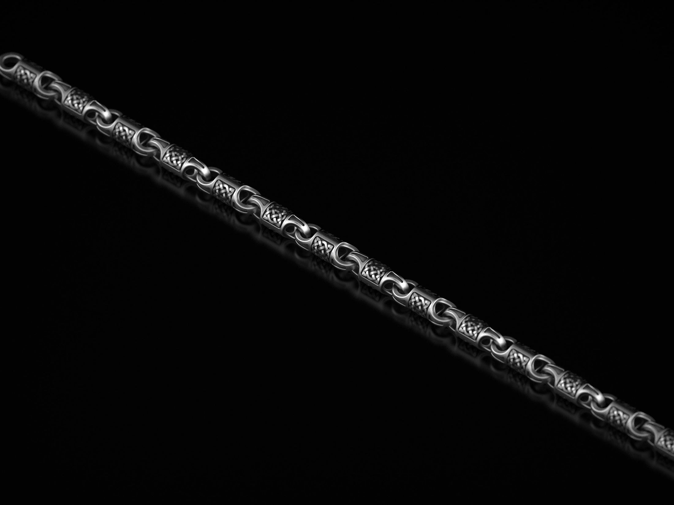 Full view of Norse braided link necklace in oxidized silver