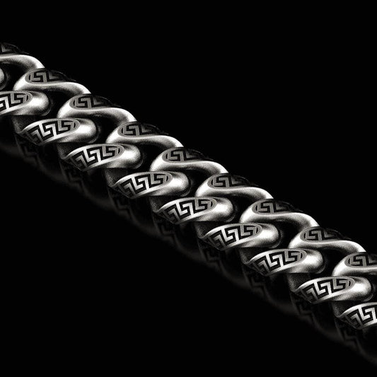 Greek key engraved silver Cuban chain