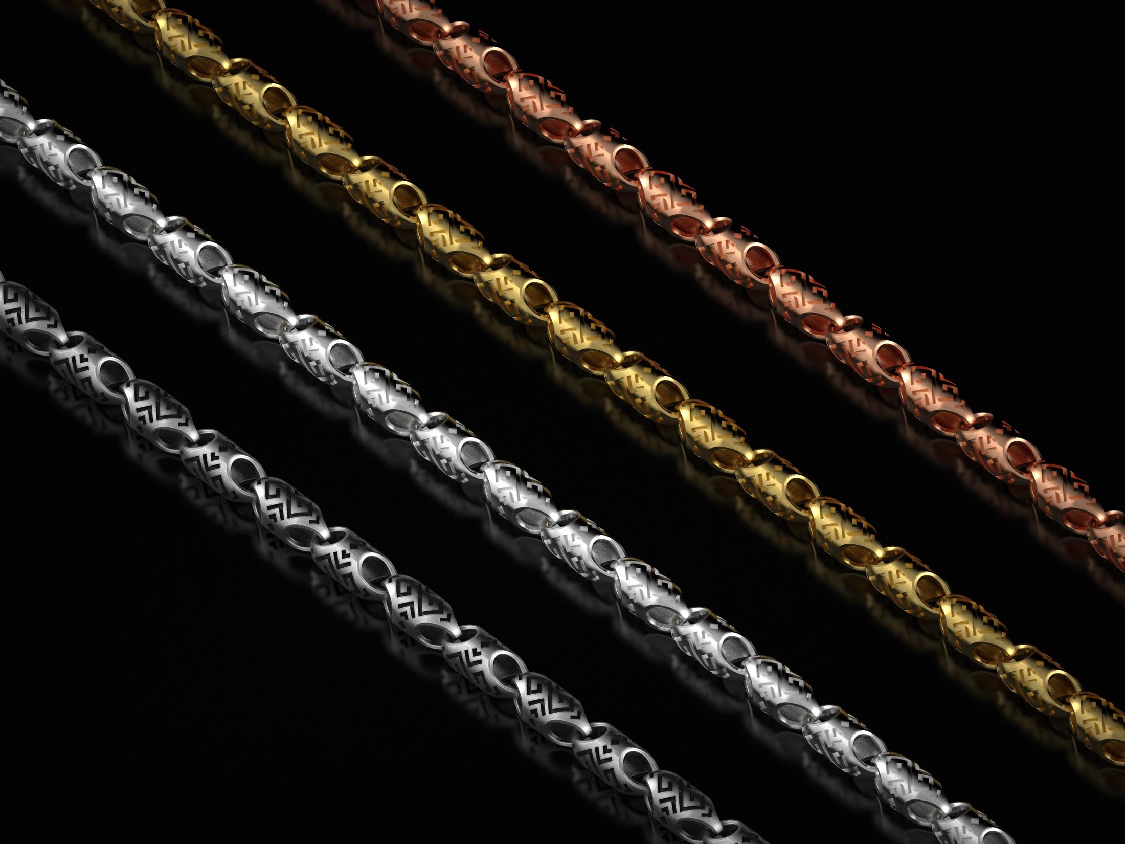 Four finish comparison – oxidized, polished, gold, rose gold