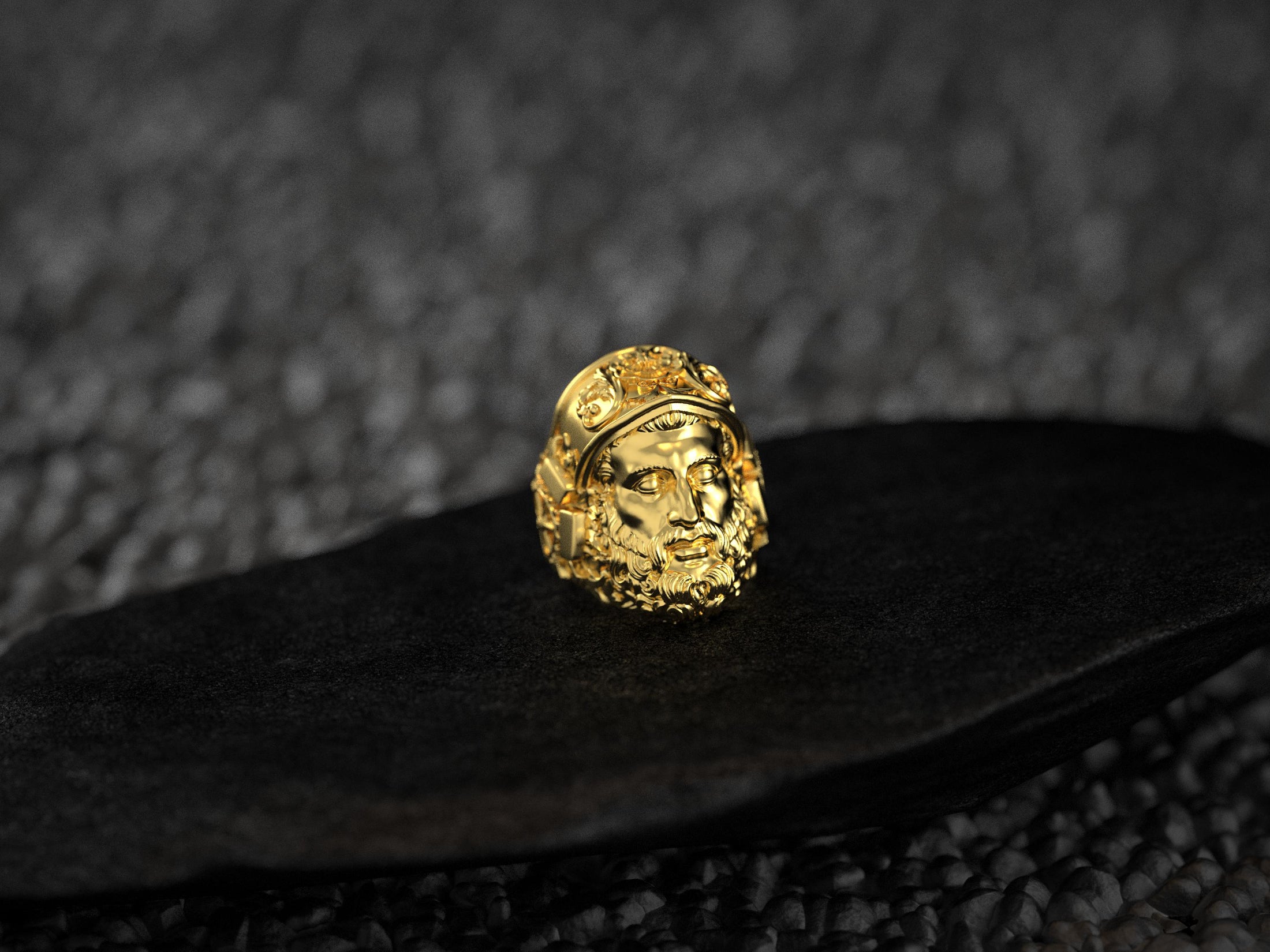 Gold plated Greek warrior ring featuring braided beard and helm,